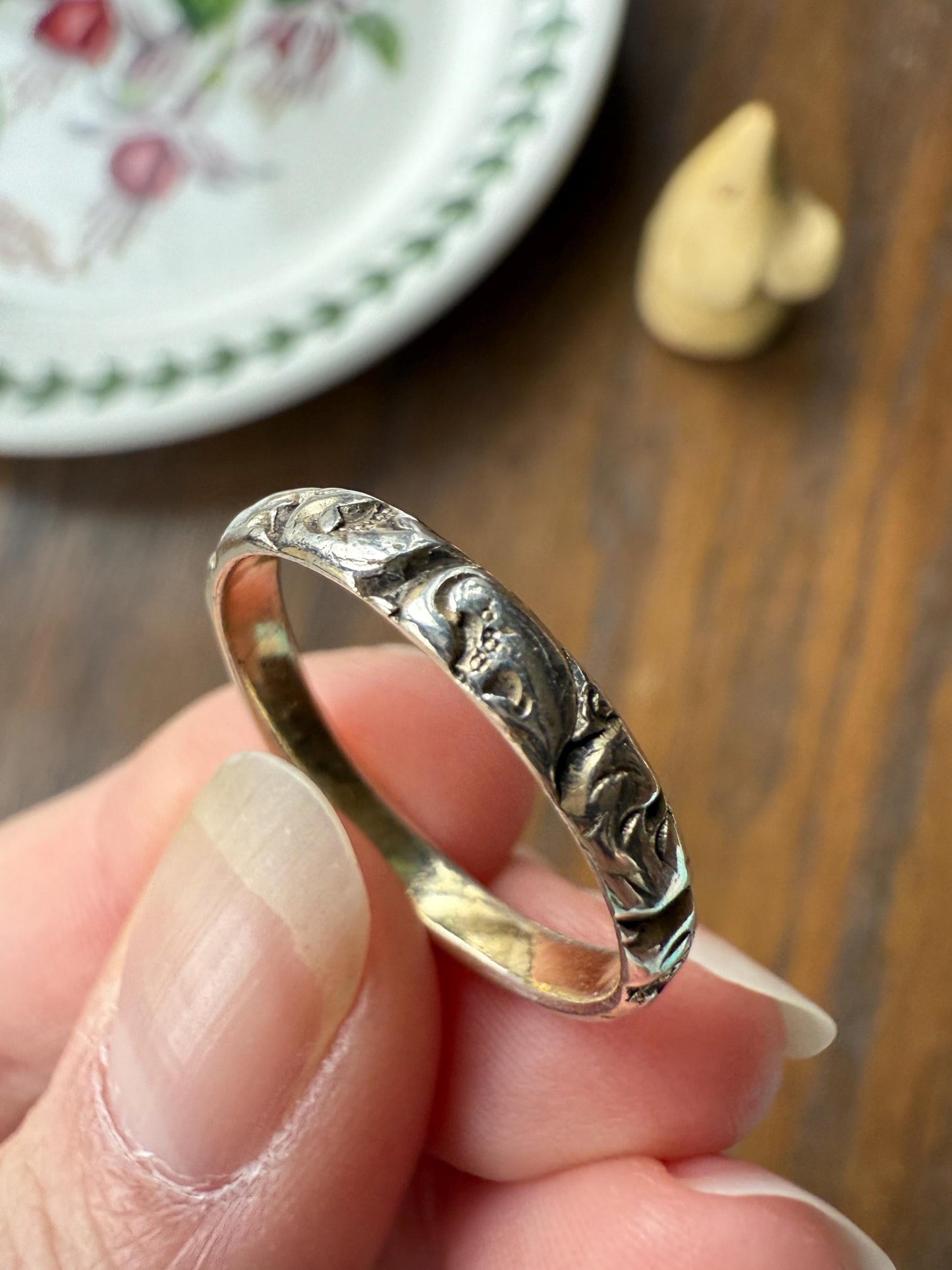 Georgian Era Antique 200 Year Old Gilt Sterling Silver Floral Chased Skinny Wedding Band Stacker Ring