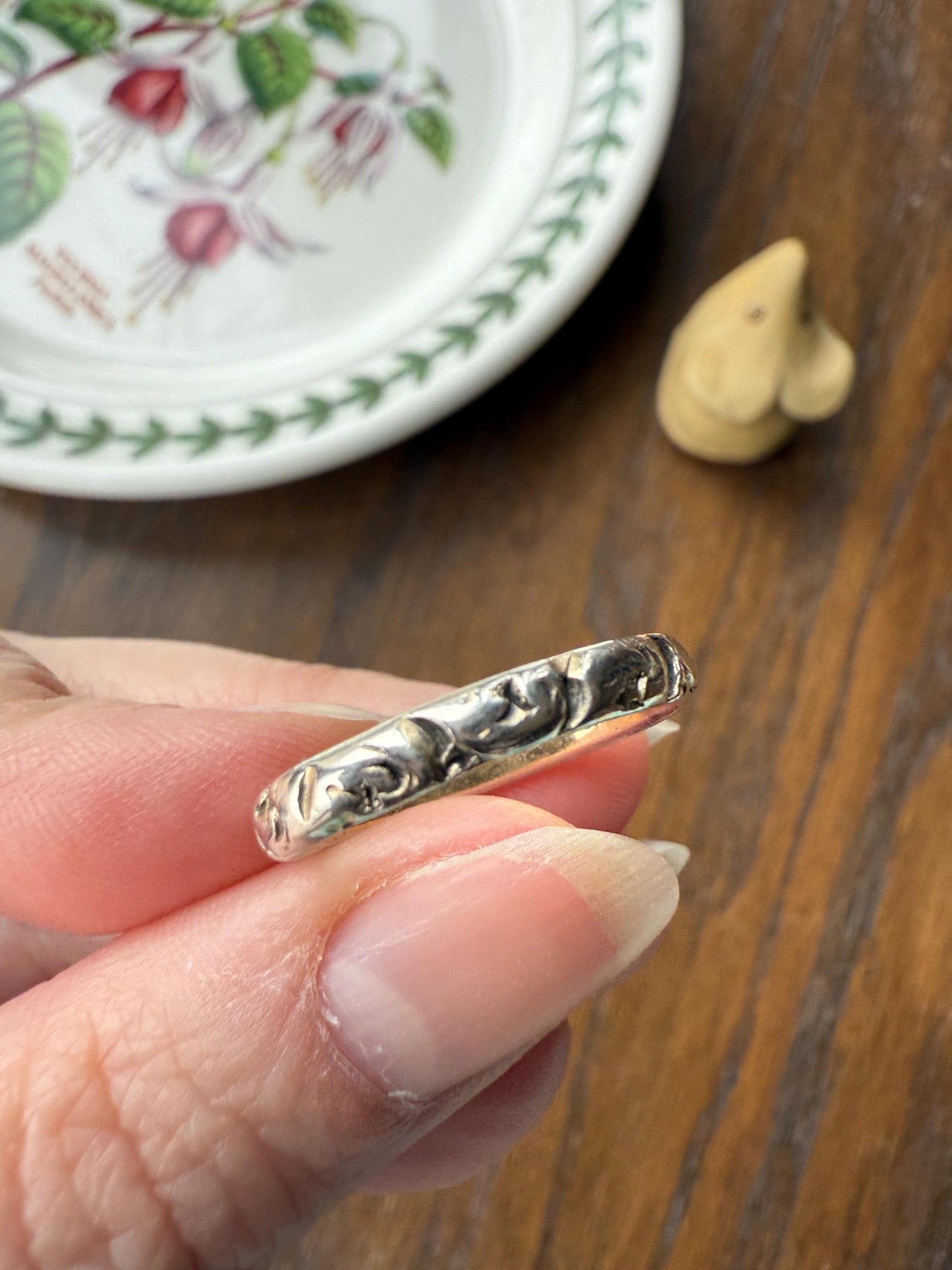 Georgian Era Antique 200 Year Old Gilt Sterling Silver Floral Chased Skinny Wedding Band Stacker Ring