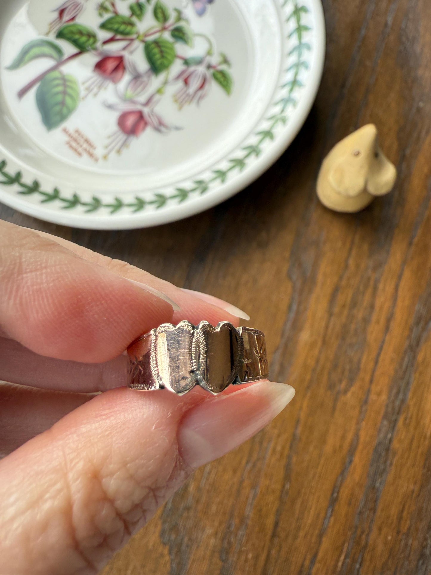 DOUBLE HEART c1896 Figural Sterling Silver & Rose Gold Cased Romantic Peasant Class Wedding Cigar Band Betrothal Ring Stacker Engraved