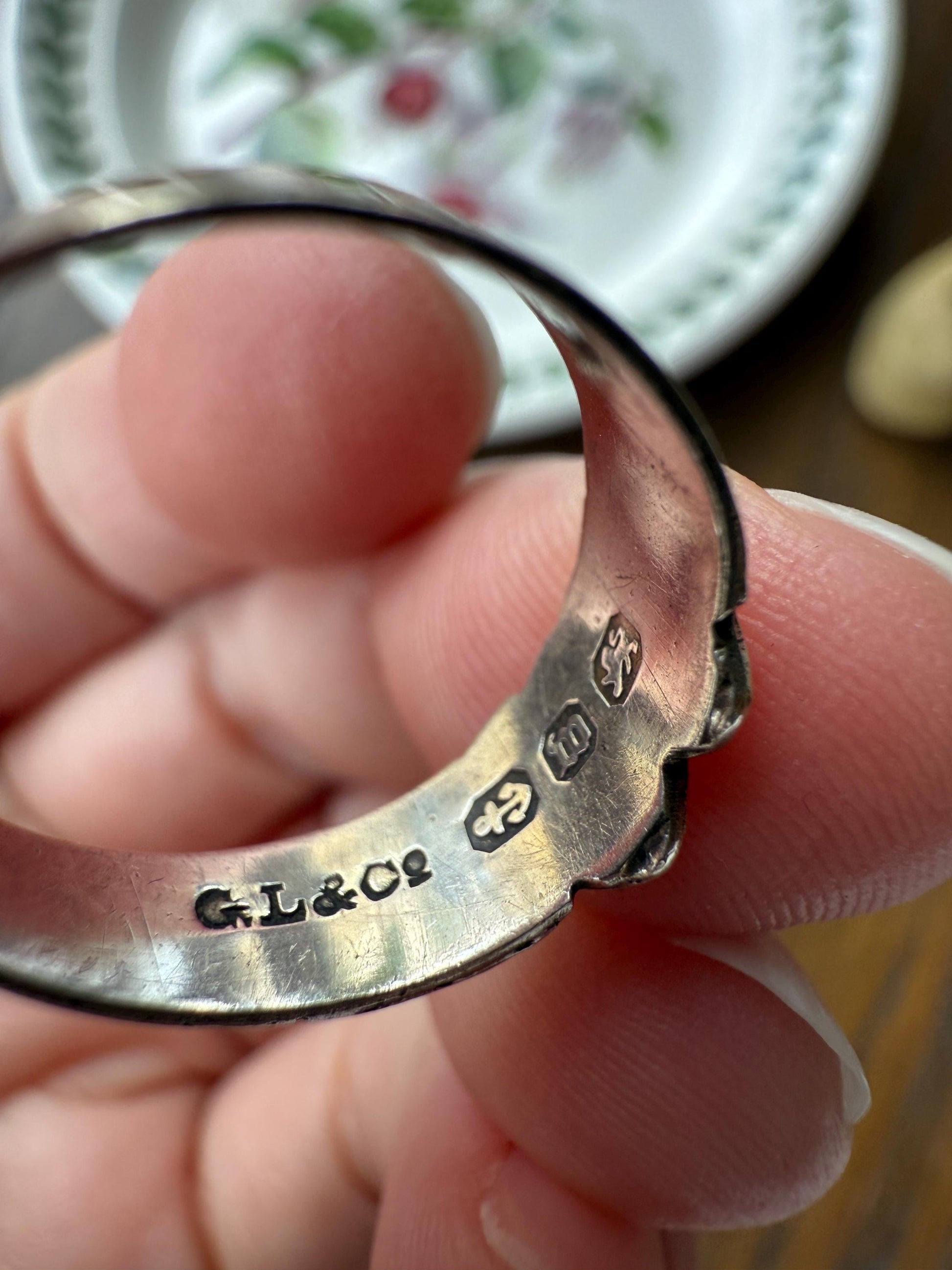 DOUBLE HEART c1896 Figural Sterling Silver & Rose Gold Cased Romantic Peasant Class Wedding Cigar Band Betrothal Ring Stacker Engraved