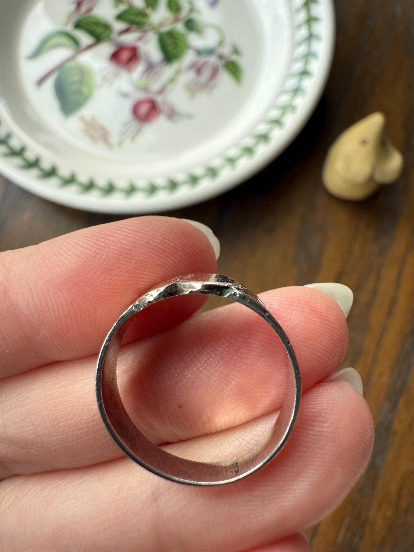 DOUBLE HEART c1896 Figural Sterling Silver & Rose Gold Cased Romantic Peasant Class Wedding Cigar Band Betrothal Ring Stacker Engraved
