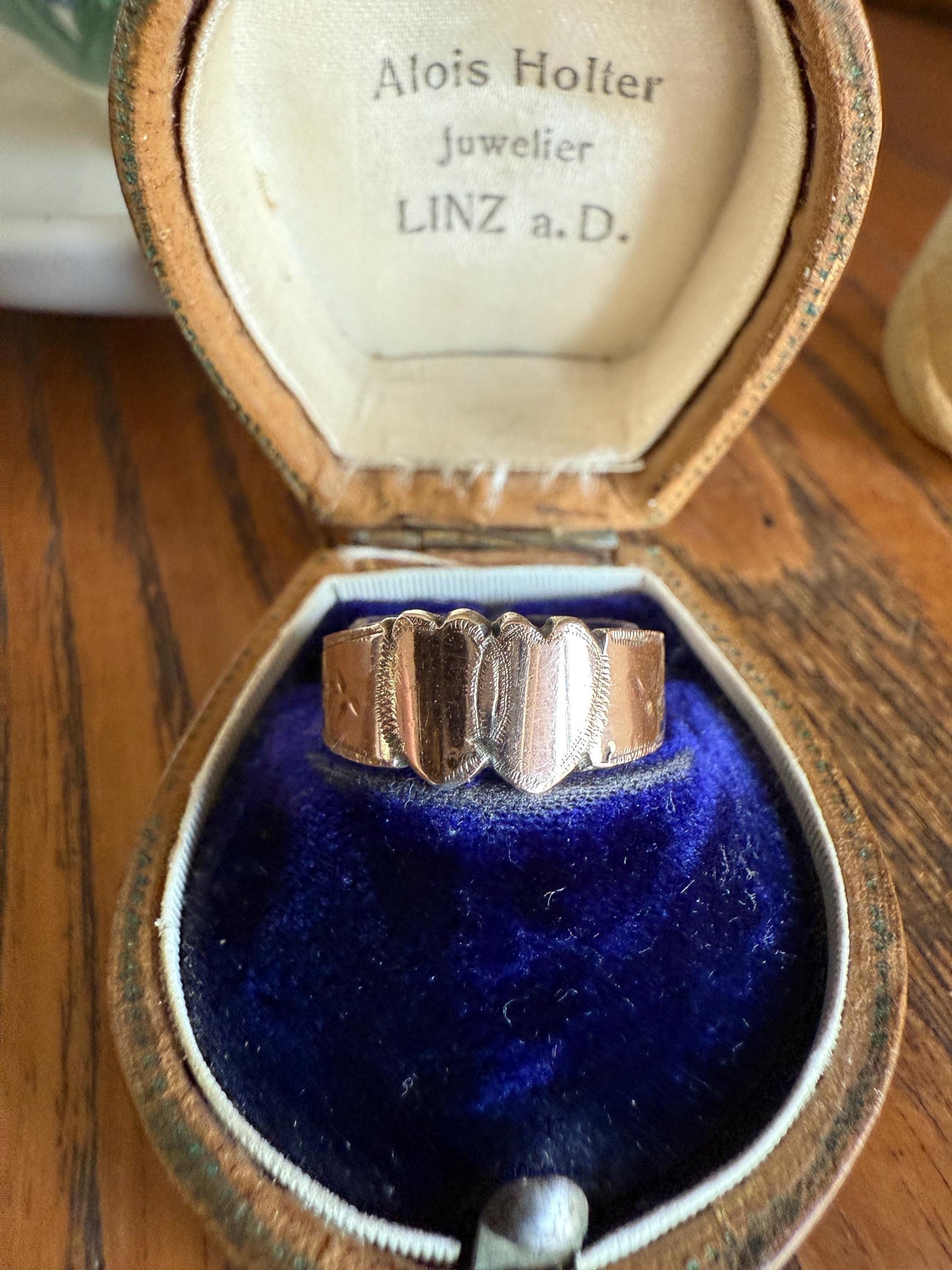DOUBLE HEART c1896 Figural Sterling Silver & Rose Gold Cased Romantic Peasant Class Wedding Cigar Band Betrothal Ring Stacker Engraved
