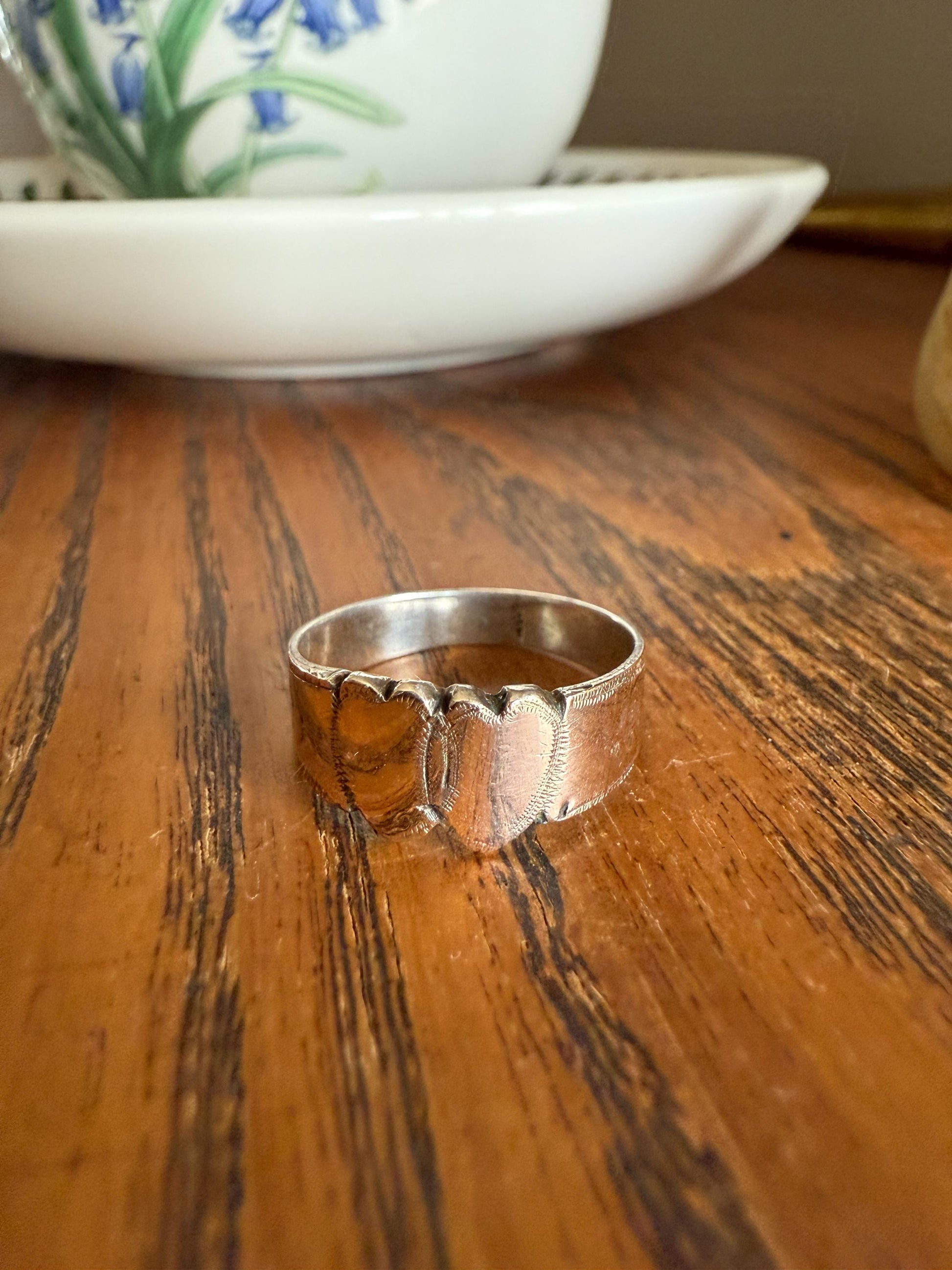 DOUBLE HEART c1896 Figural Sterling Silver & Rose Gold Cased Romantic Peasant Class Wedding Cigar Band Betrothal Ring Stacker Engraved