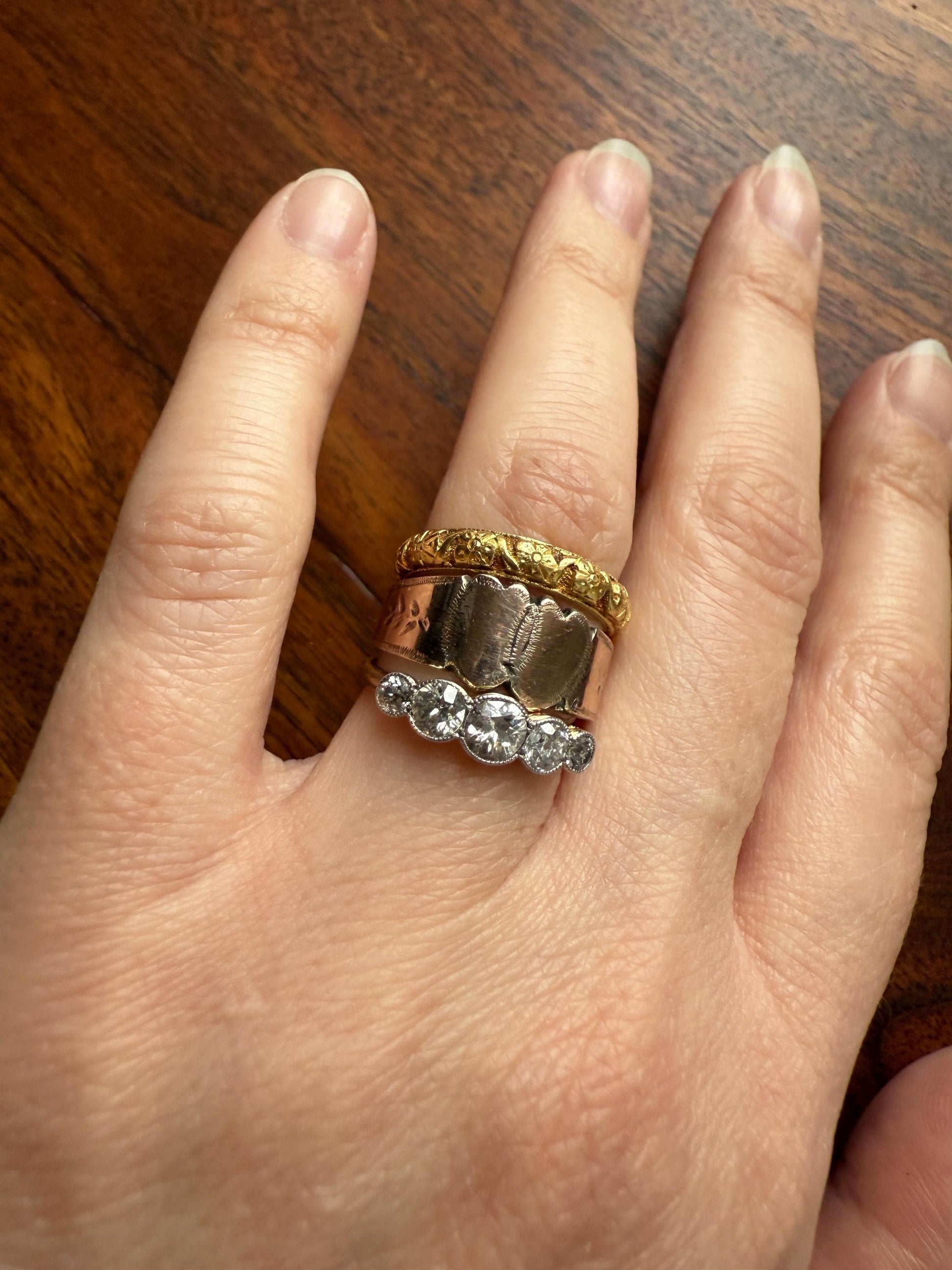 DOUBLE HEART c1896 Figural Sterling Silver & Rose Gold Cased Romantic Peasant Class Wedding Cigar Band Betrothal Ring Stacker Engraved