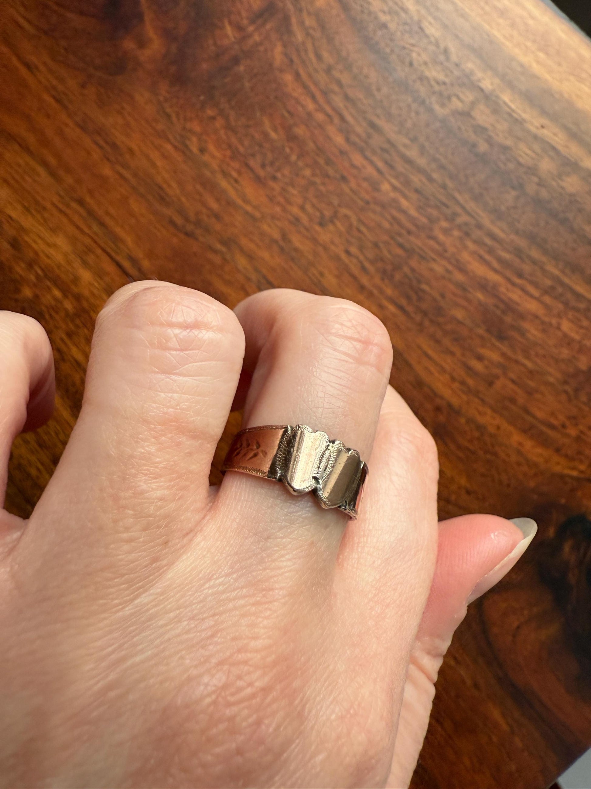 DOUBLE HEART c1896 Figural Sterling Silver & Rose Gold Cased Romantic Peasant Class Wedding Cigar Band Betrothal Ring Stacker Engraved