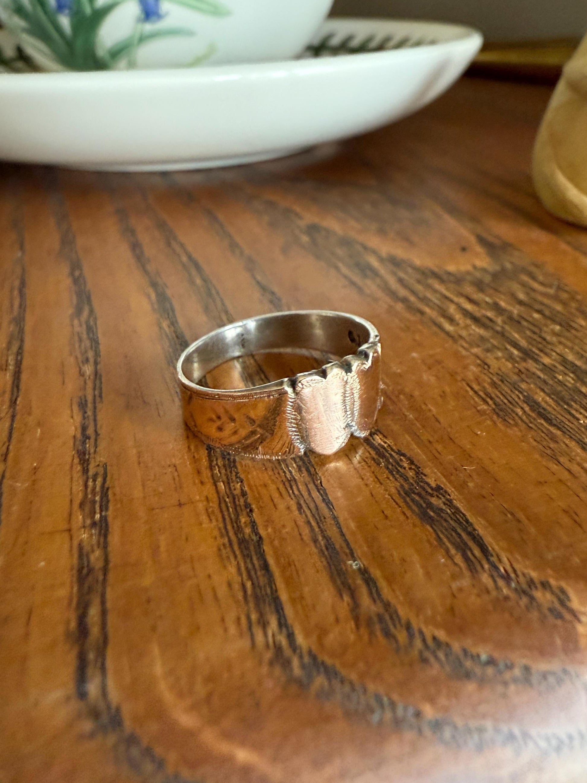 DOUBLE HEART c1896 Figural Sterling Silver & Rose Gold Cased Romantic Peasant Class Wedding Cigar Band Betrothal Ring Stacker Engraved
