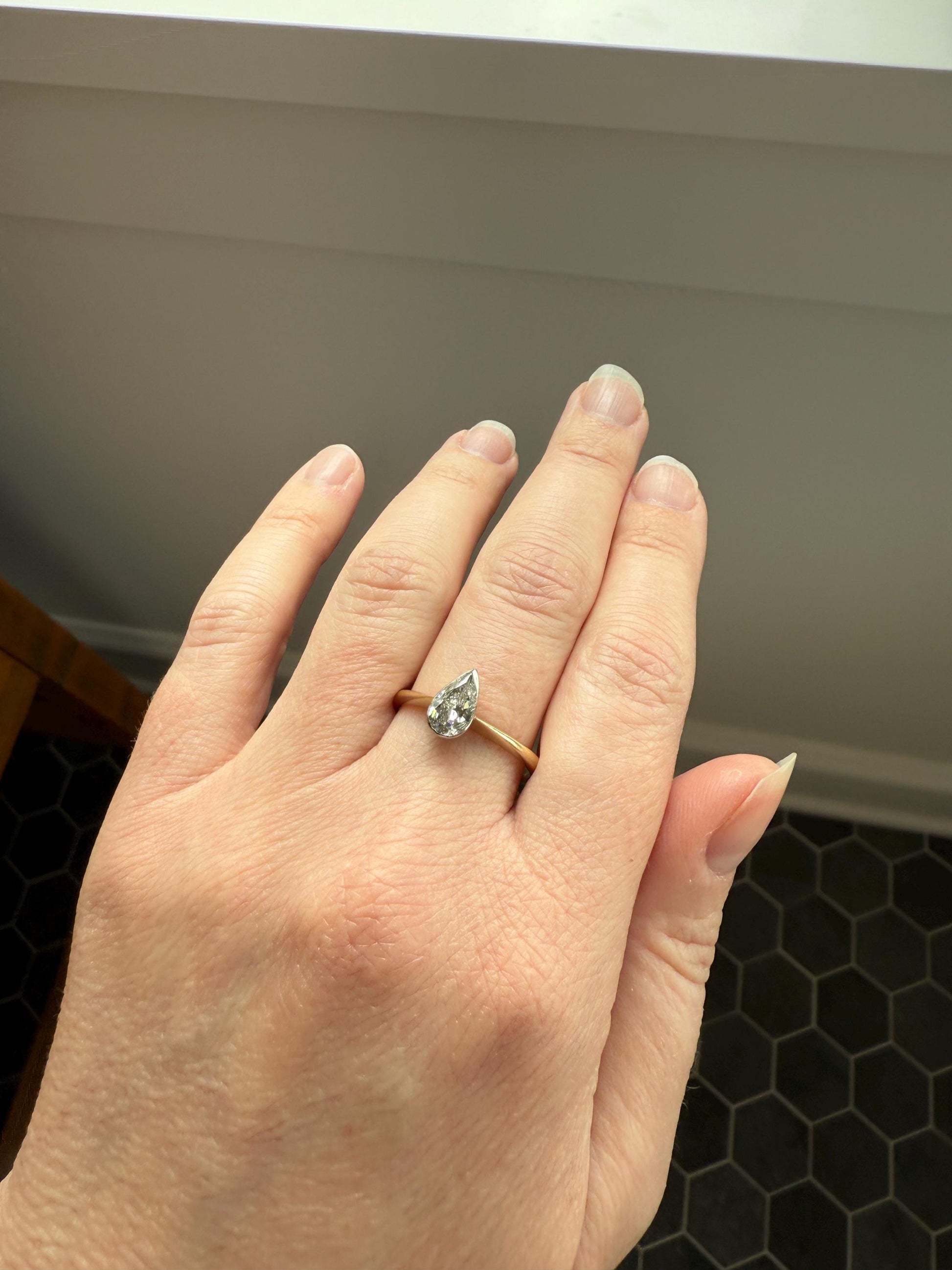 Vintage PEAR Natural Diamond Solitaire Ring One Carat 18k Gold Bezel Set Knife Edge Band Engagement Stacker
