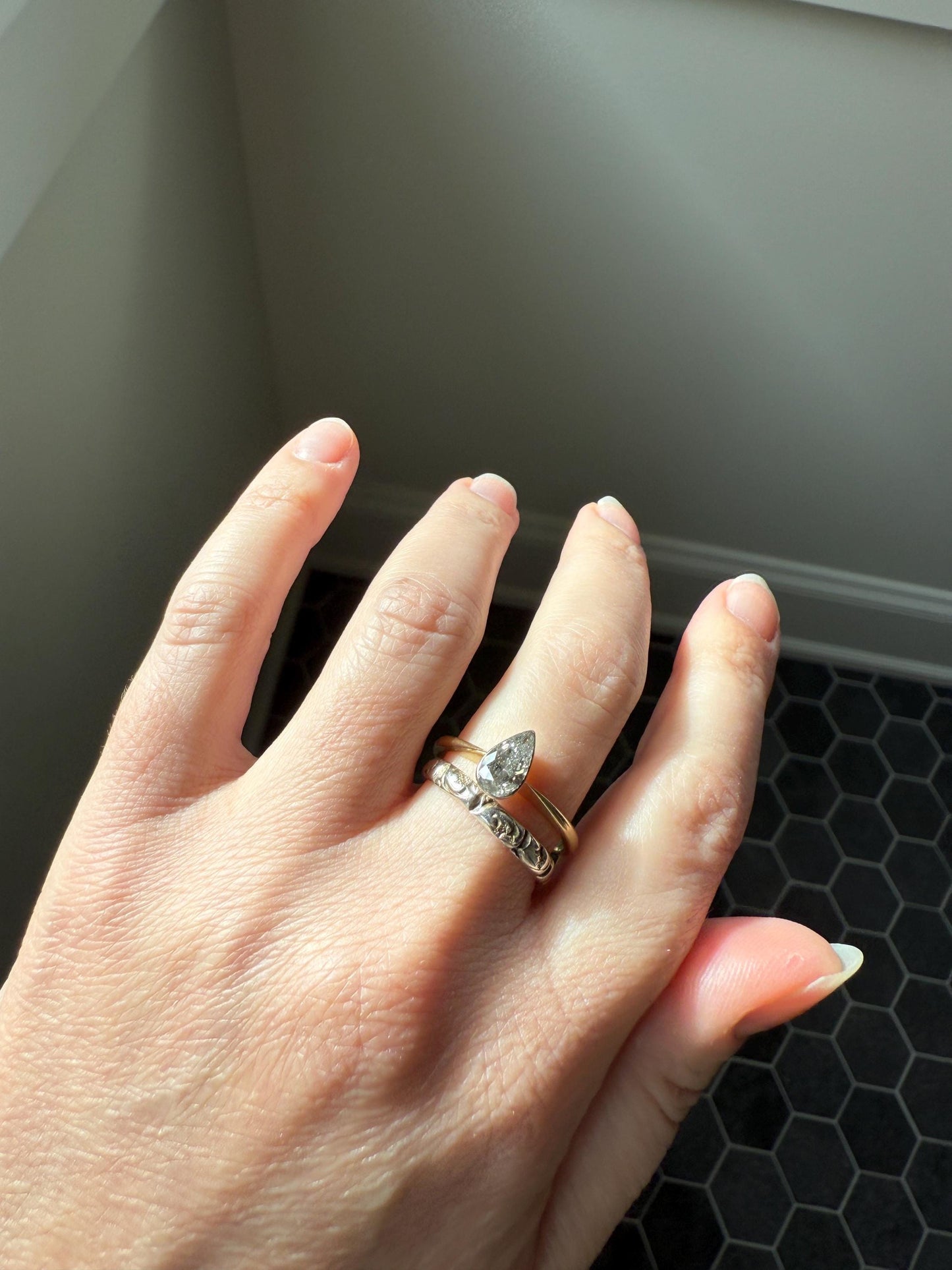 Vintage PEAR Natural Diamond Solitaire Ring One Carat 18k Gold Bezel Set Knife Edge Band Engagement Stacker