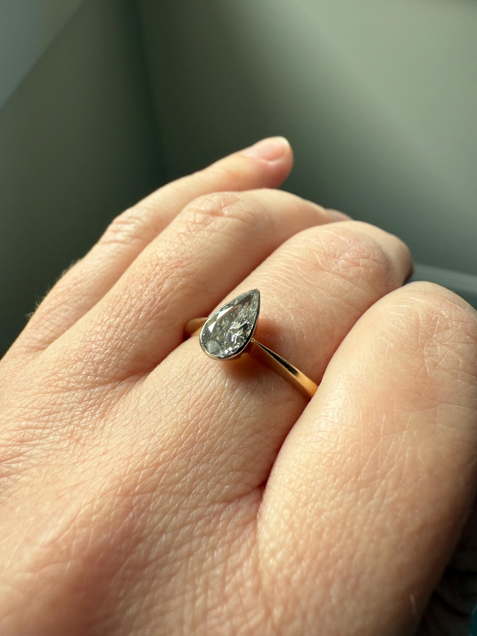 Vintage PEAR Natural Diamond Solitaire Ring One Carat 18k Gold Bezel Set Knife Edge Band Engagement Stacker