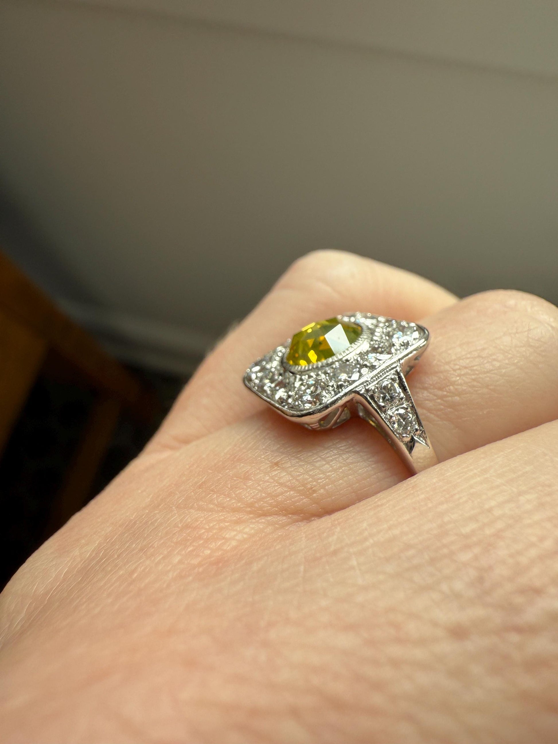 Vintage .8 Carat Fancy Greenish Yellow Natural ROSE CUT Diamond 1.8 Ctw Transitional Cut Boxed Cobblestone Panel Ring Platinum Lemon Lime