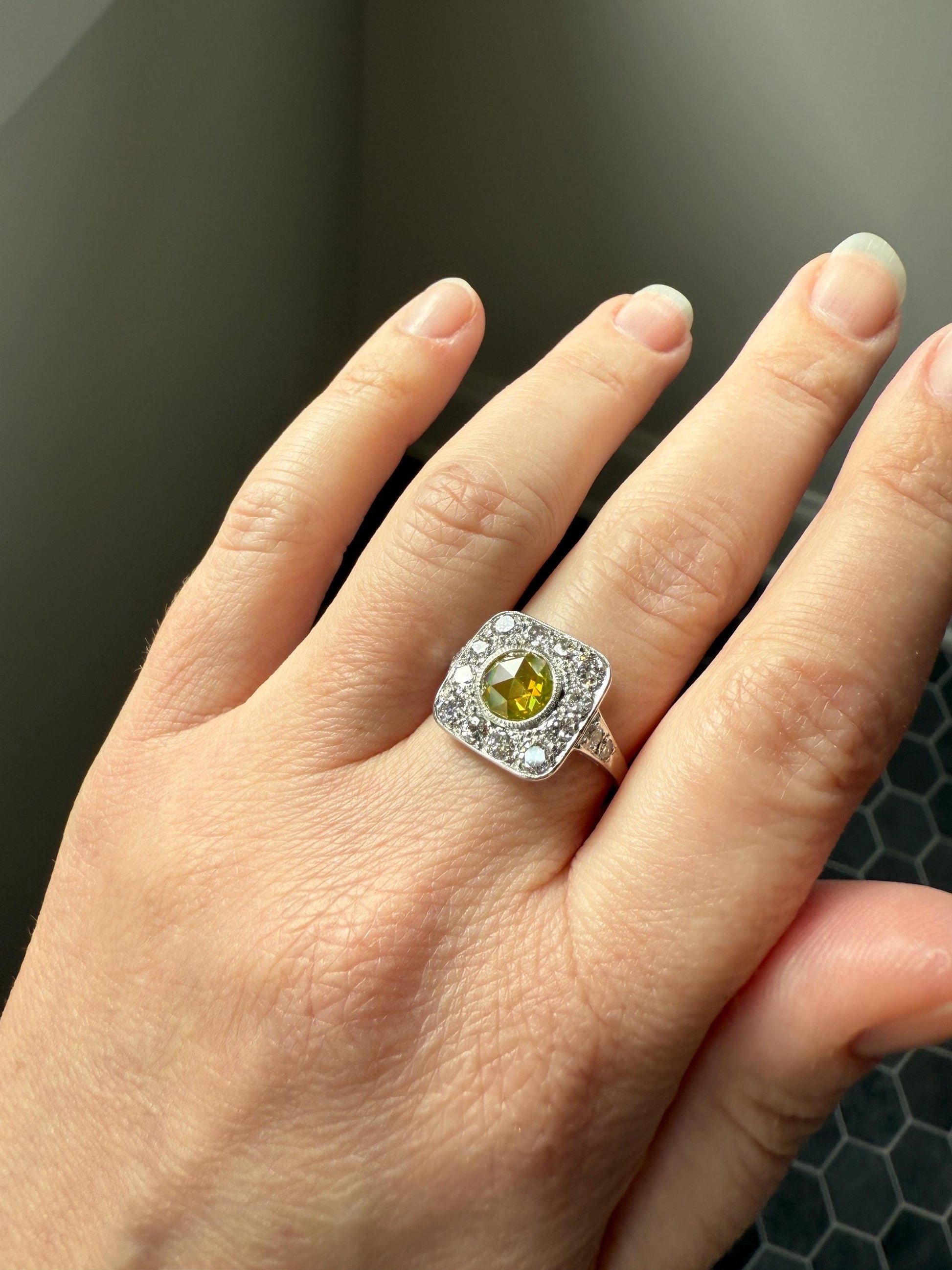 Vintage .8 Carat Fancy Greenish Yellow Natural ROSE CUT Diamond 1.8 Ctw Transitional Cut Boxed Cobblestone Panel Ring Platinum Lemon Lime