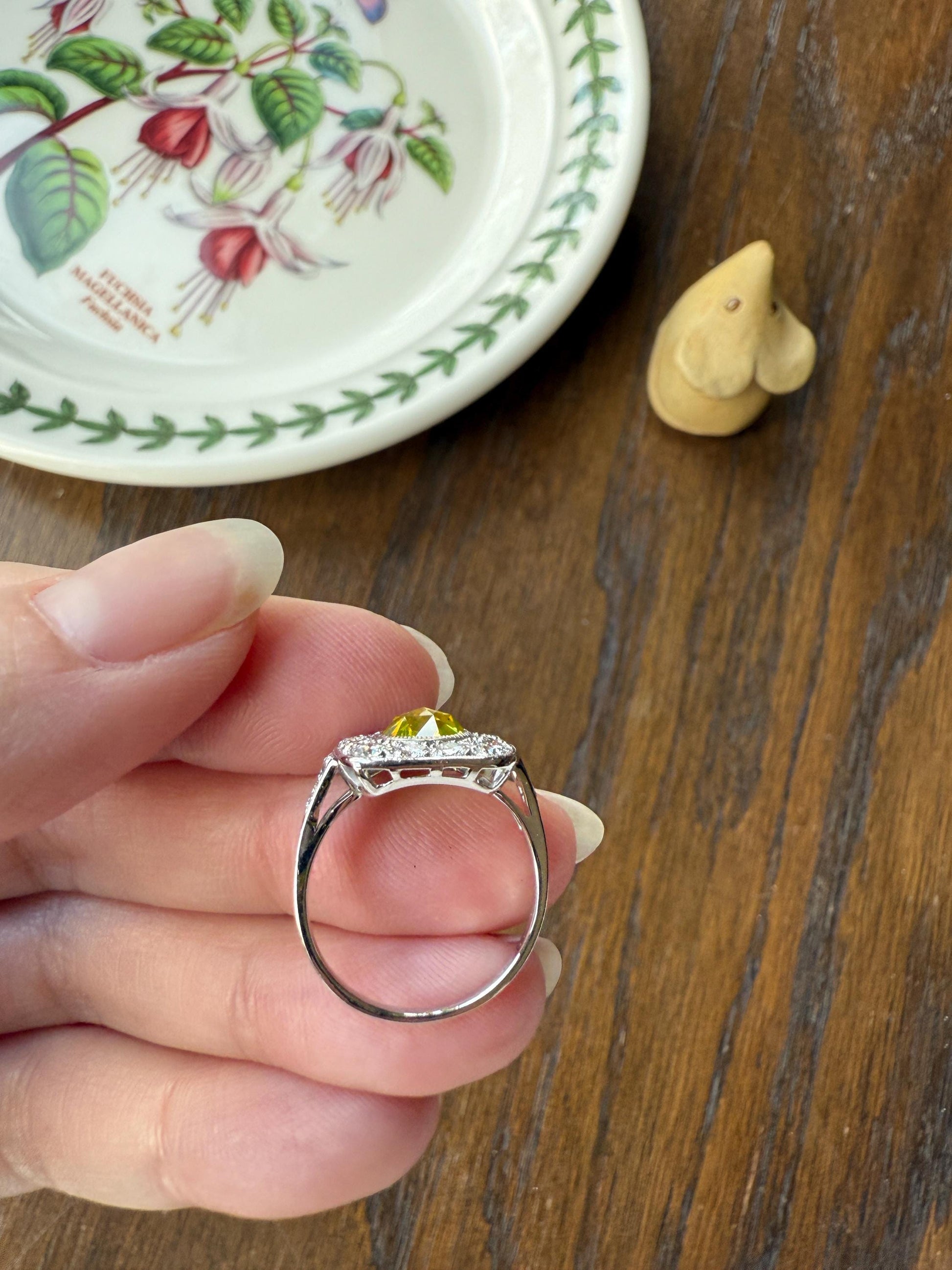 Vintage .8 Carat Fancy Greenish Yellow Natural ROSE CUT Diamond 1.8 Ctw Transitional Cut Boxed Cobblestone Panel Ring Platinum Lemon Lime