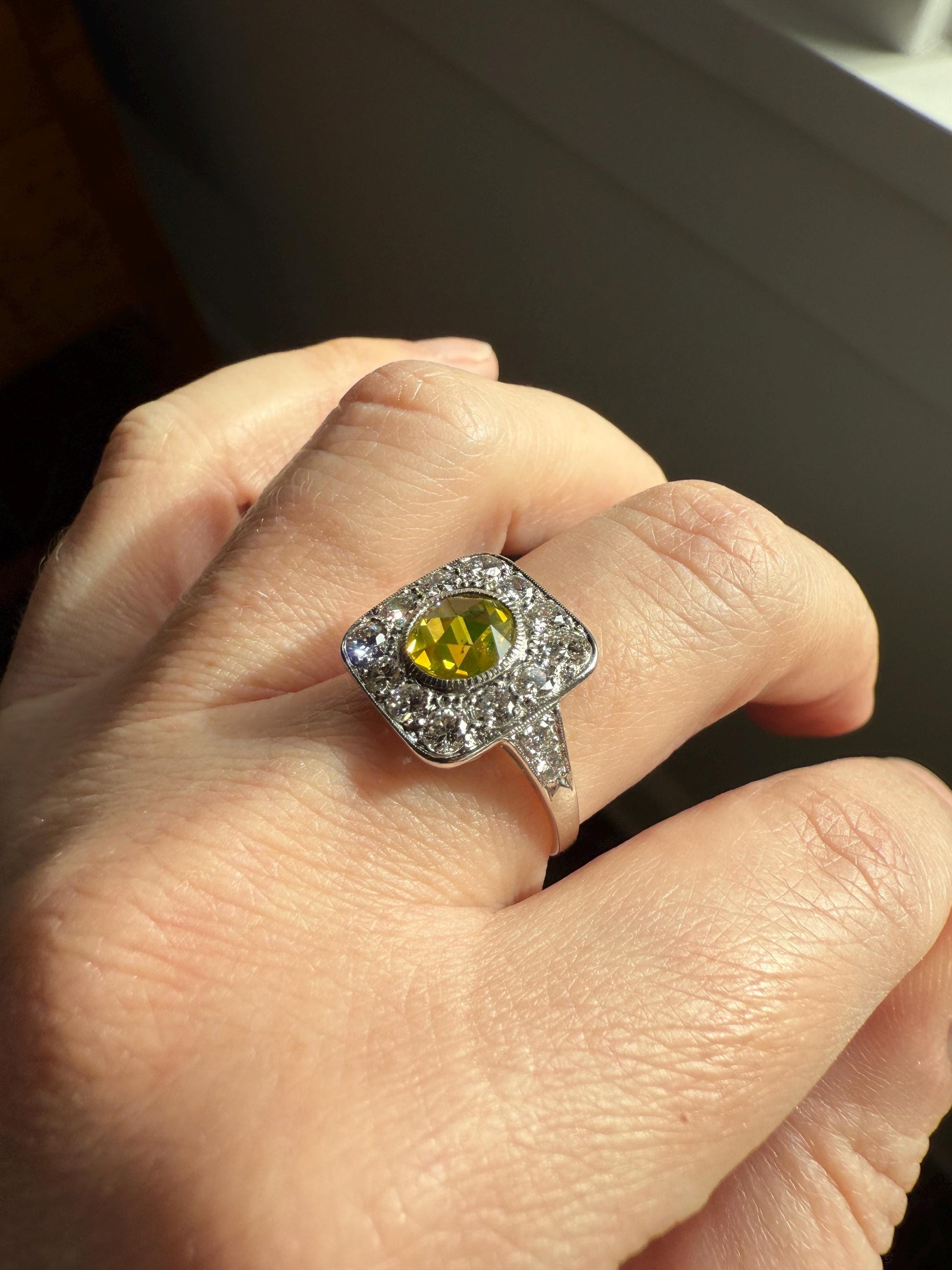 Vintage .8 Carat Fancy Greenish Yellow Natural ROSE CUT Diamond 1.8 Ctw Transitional Cut Boxed Cobblestone Panel Ring Platinum Lemon Lime