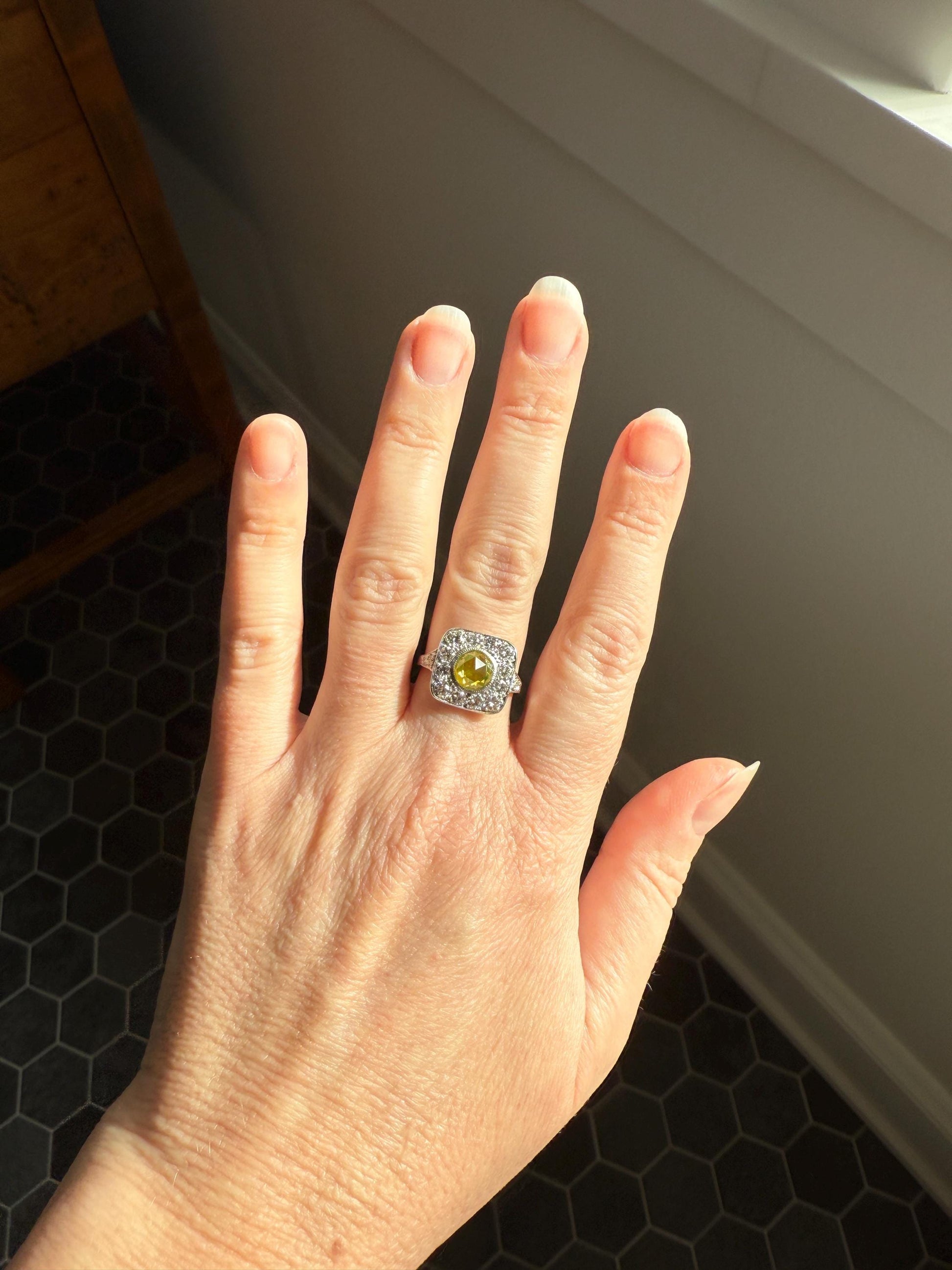 Vintage .8 Carat Fancy Greenish Yellow Natural ROSE CUT Diamond 1.8 Ctw Transitional Cut Boxed Cobblestone Panel Ring Platinum Lemon Lime