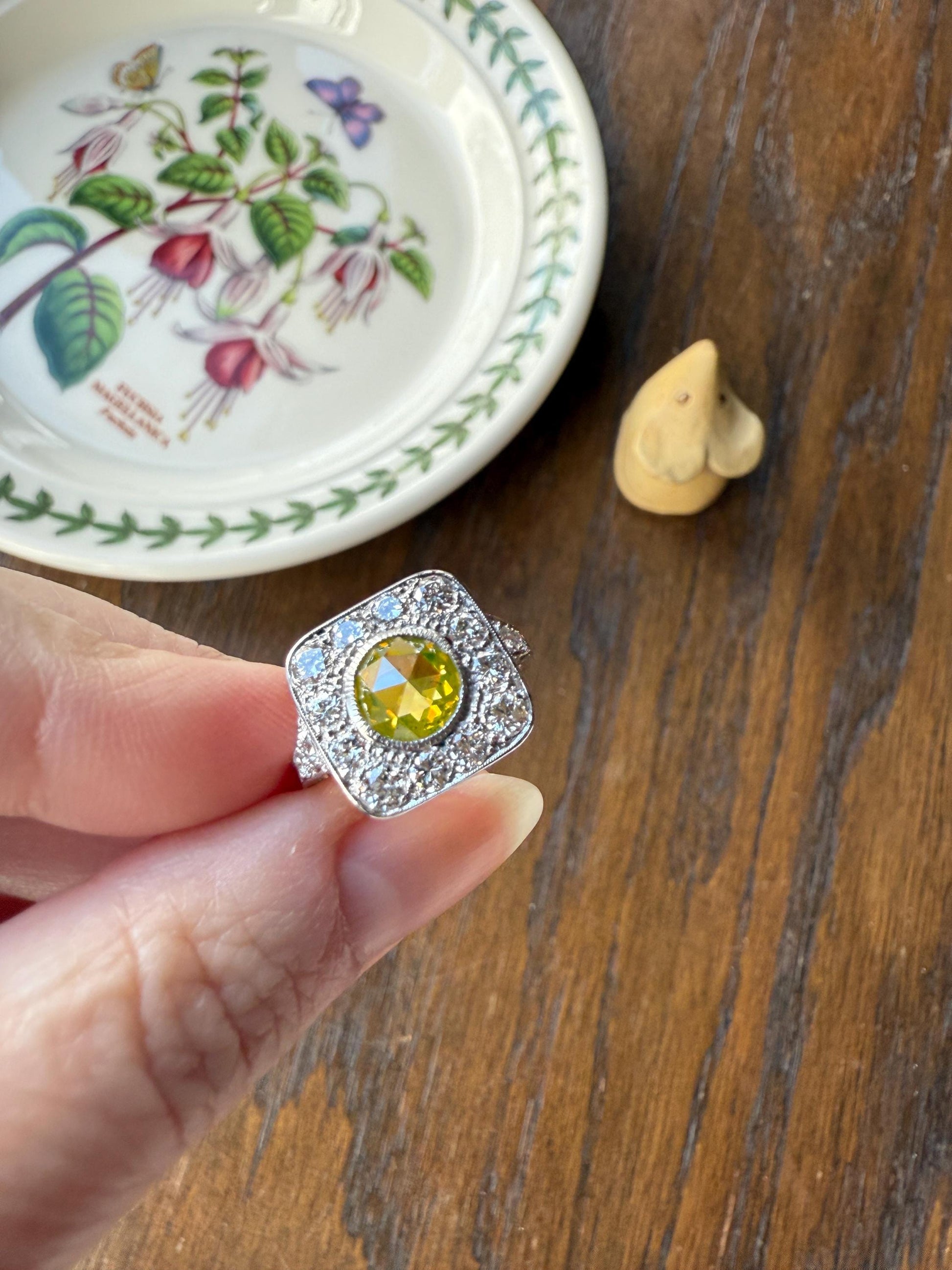 Vintage .8 Carat Fancy Greenish Yellow Natural ROSE CUT Diamond 1.8 Ctw Transitional Cut Boxed Cobblestone Panel Ring Platinum Lemon Lime