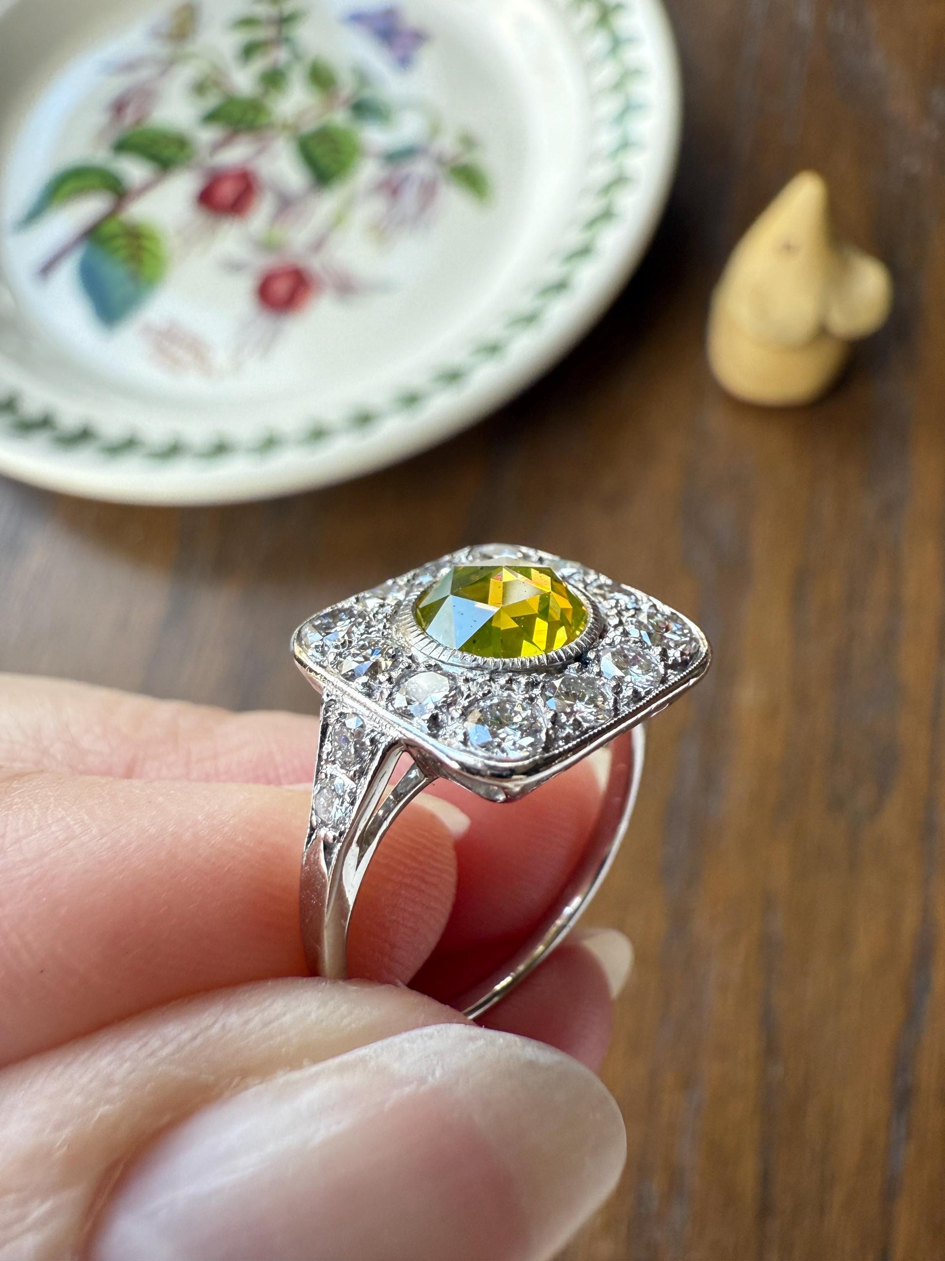 Vintage .8 Carat Fancy Greenish Yellow Natural ROSE CUT Diamond 1.8 Ctw Transitional Cut Boxed Cobblestone Panel Ring Platinum Lemon Lime