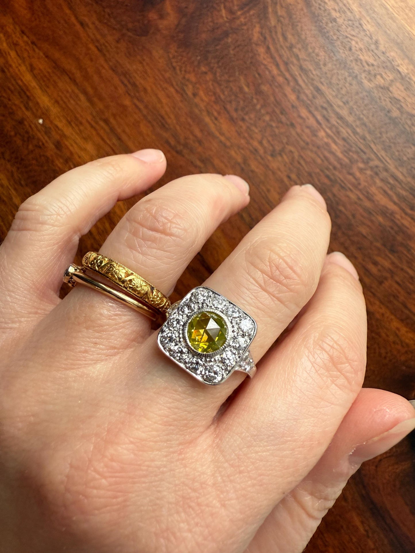 Vintage .8 Carat Fancy Greenish Yellow Natural ROSE CUT Diamond 1.8 Ctw Transitional Cut Boxed Cobblestone Panel Ring Platinum Lemon Lime