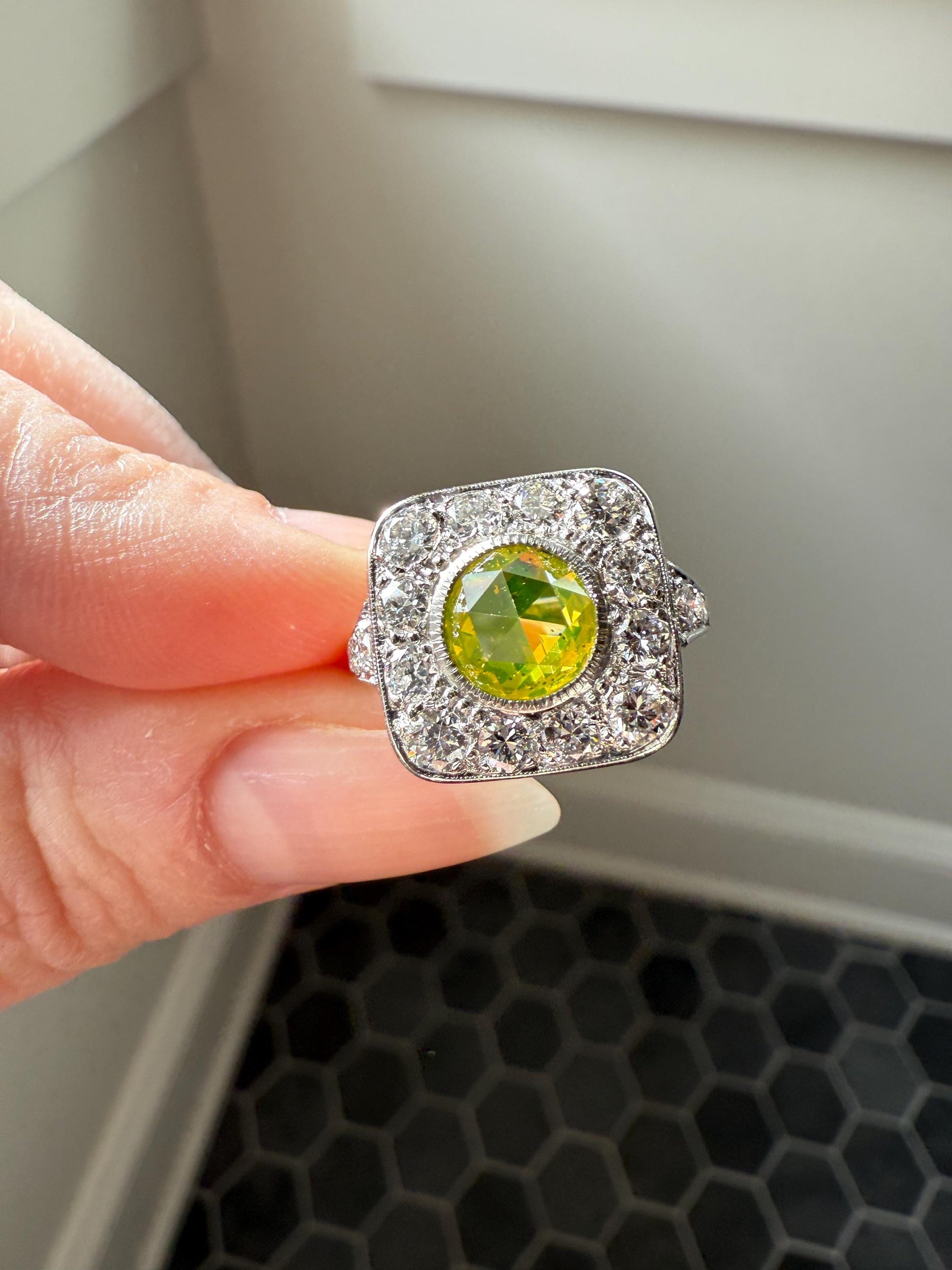 Vintage .8 Carat Fancy Greenish Yellow Natural ROSE CUT Diamond 1.8 Ctw Transitional Cut Boxed Cobblestone Panel Ring Platinum Lemon Lime