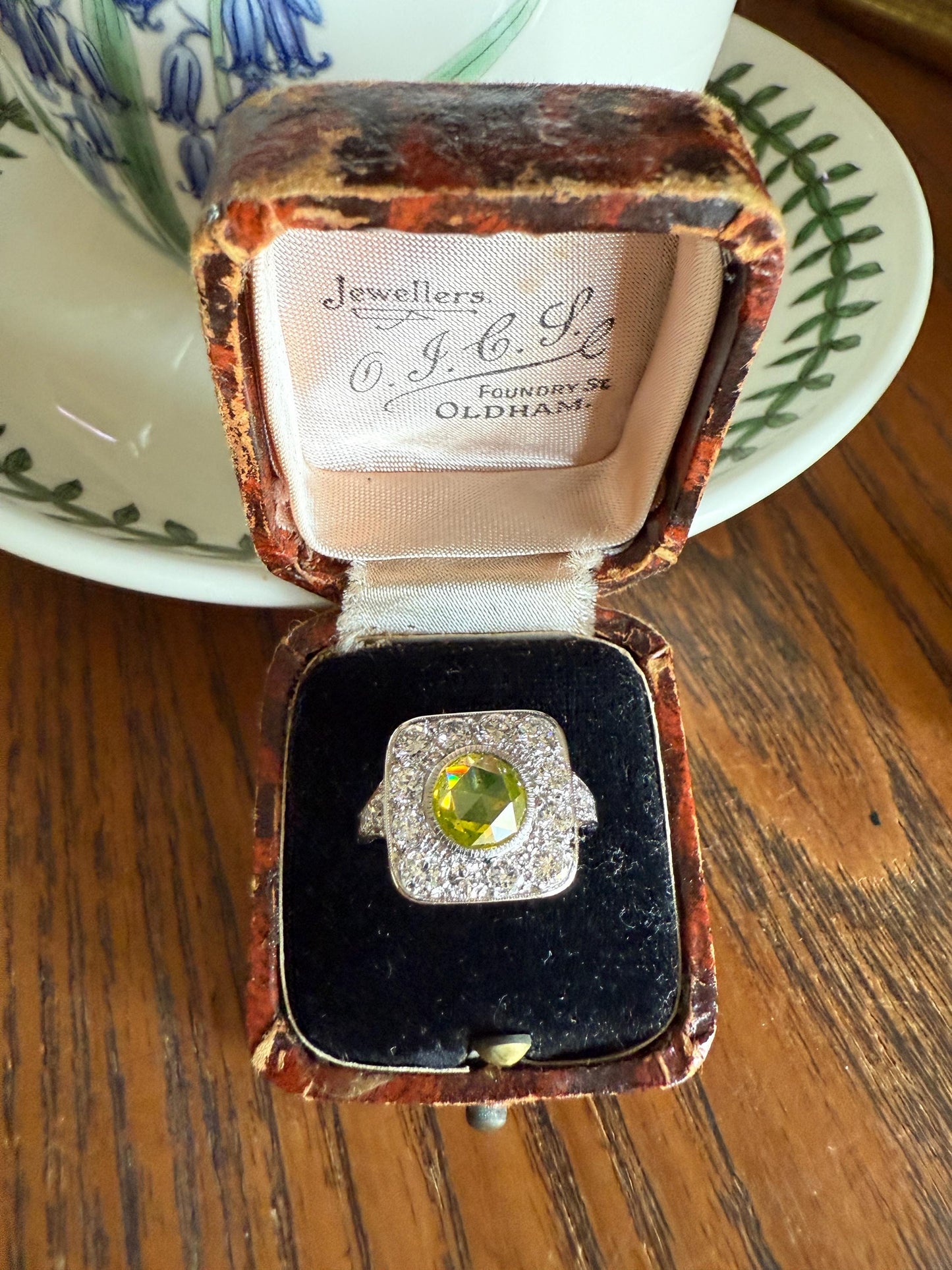 Vintage .8 Carat Fancy Greenish Yellow Natural ROSE CUT Diamond 1.8 Ctw Transitional Cut Boxed Cobblestone Panel Ring Platinum Lemon Lime