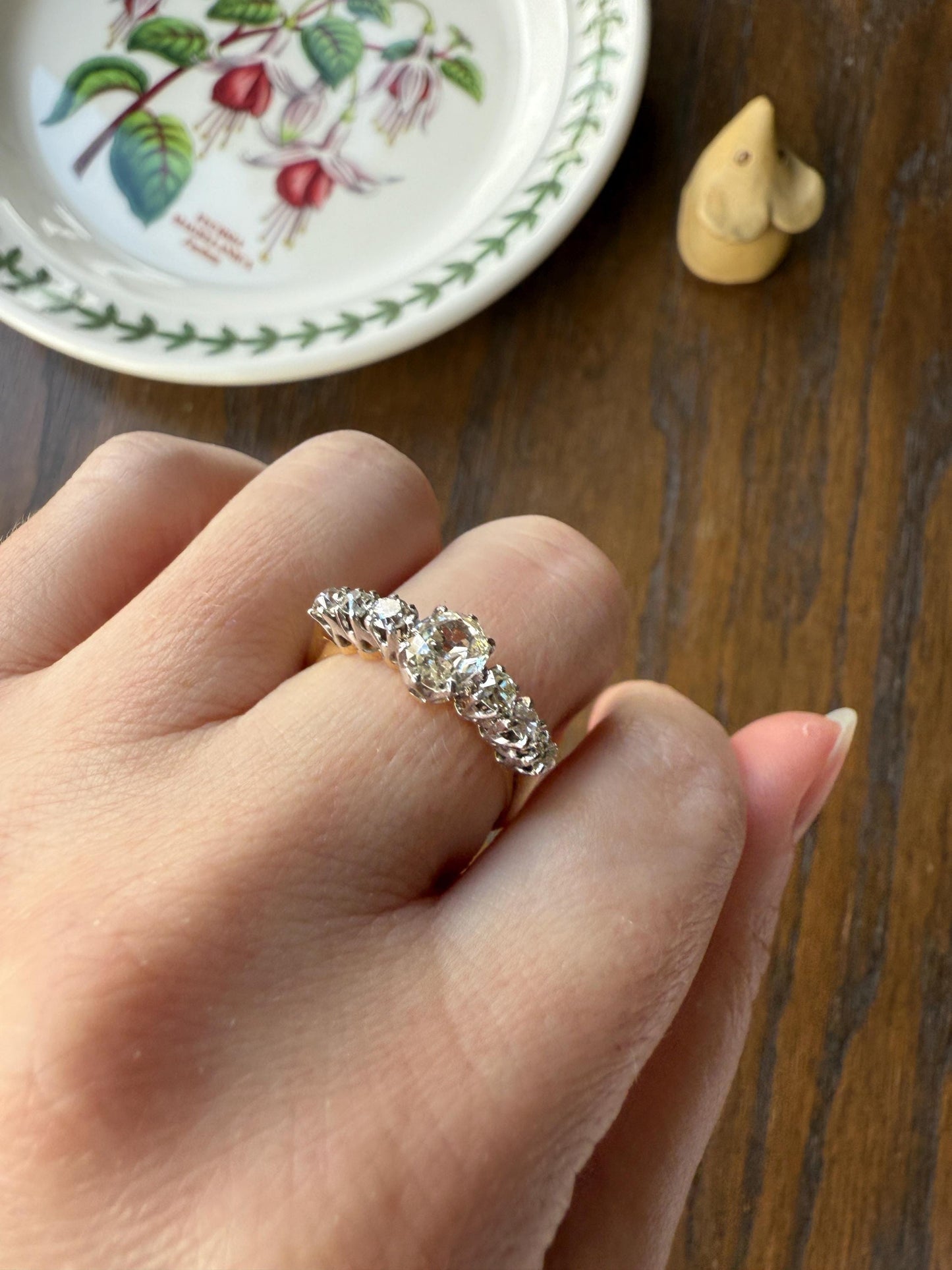 Antique Edwardian Art Deco 1.3 Carat Seven Stone Old Mine Cut Diamond Band Eye Clean Oval Center 18k Gold Platinum Prongs Tall Stacker