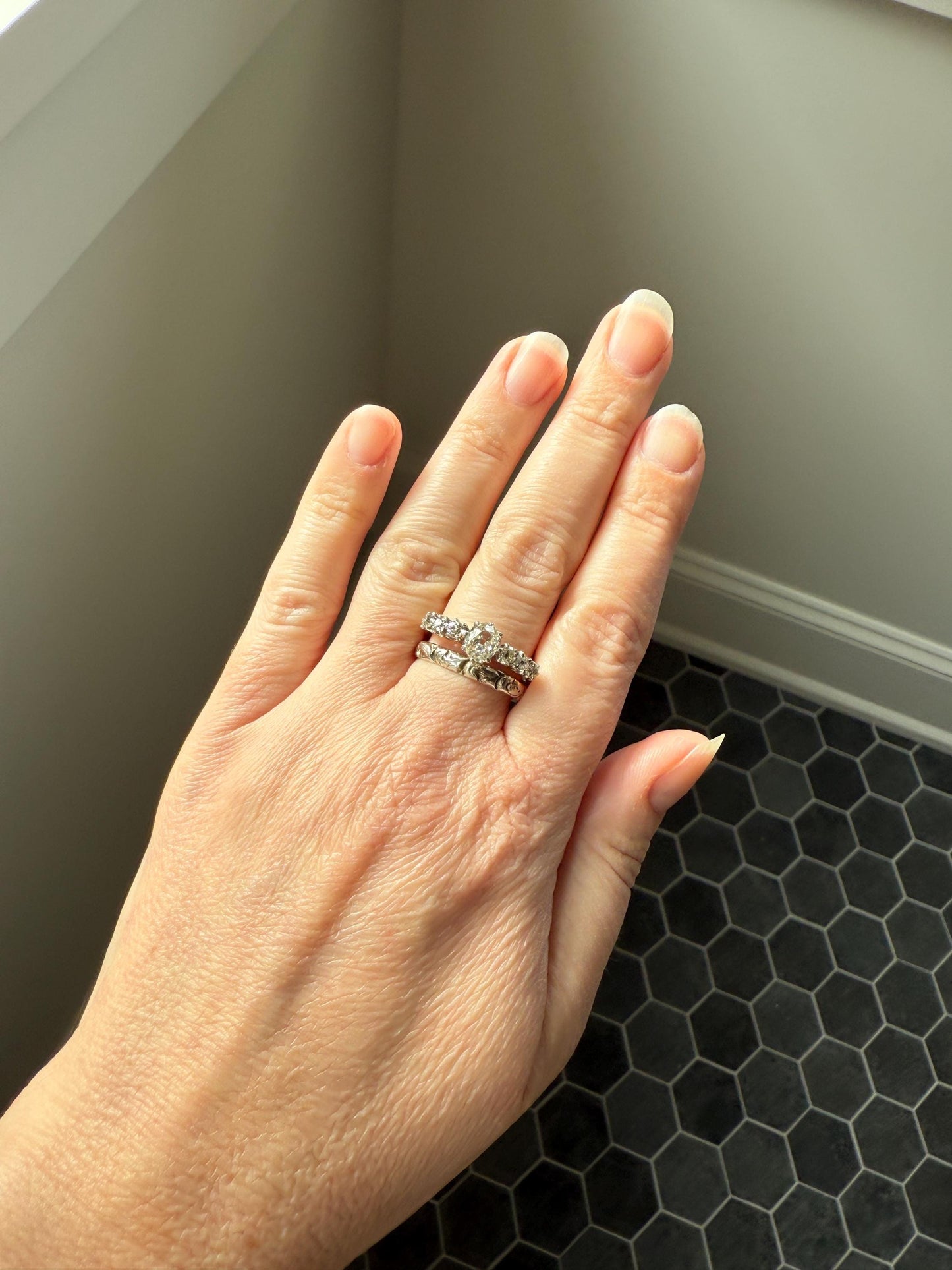 Antique Edwardian Art Deco 1.3 Carat Seven Stone Old Mine Cut Diamond Band Eye Clean Oval Center 18k Gold Platinum Prongs Tall Stacker