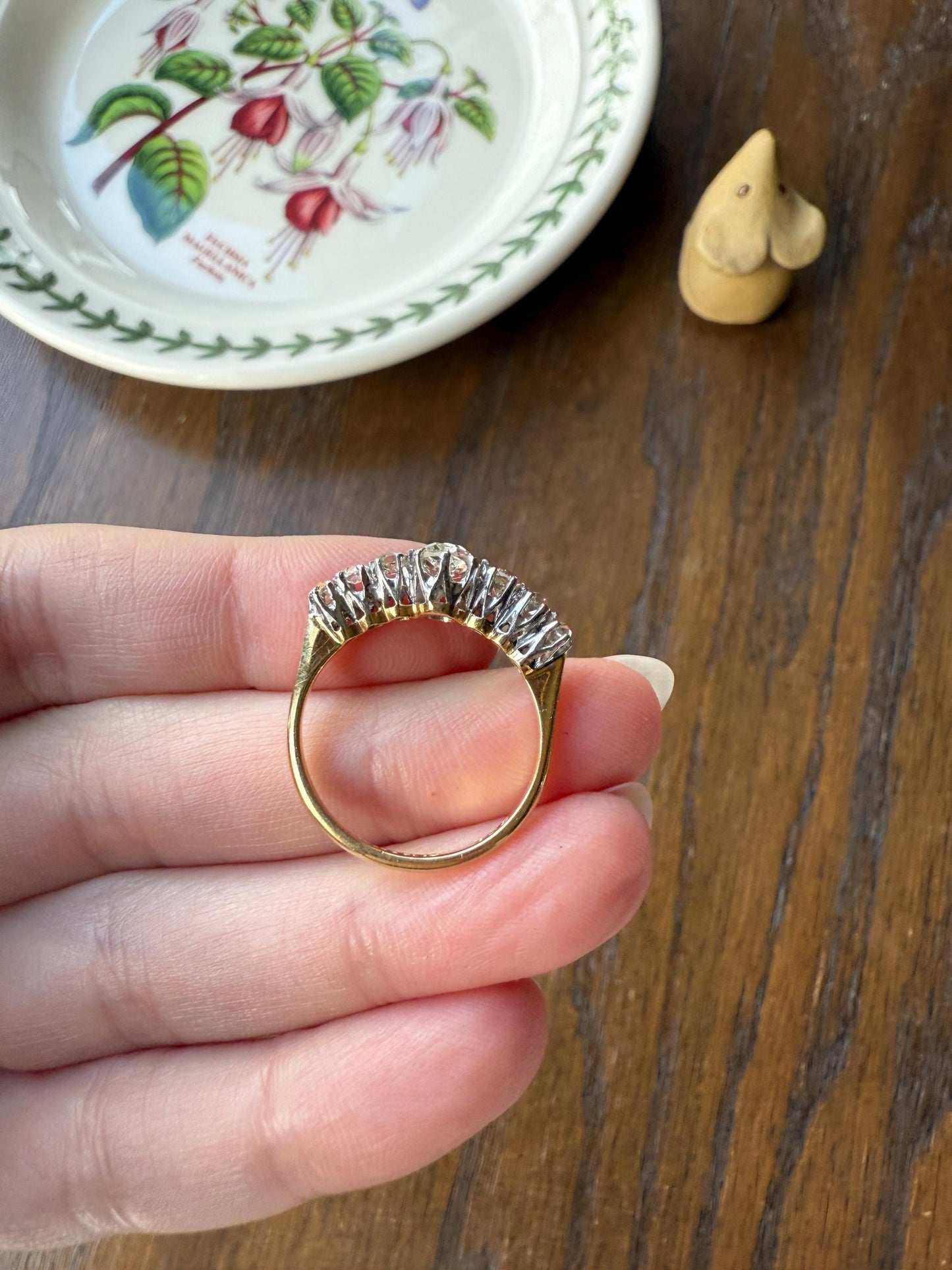 Antique Edwardian Art Deco 1.3 Carat Seven Stone Old Mine Cut Diamond Band Eye Clean Oval Center 18k Gold Platinum Prongs Tall Stacker