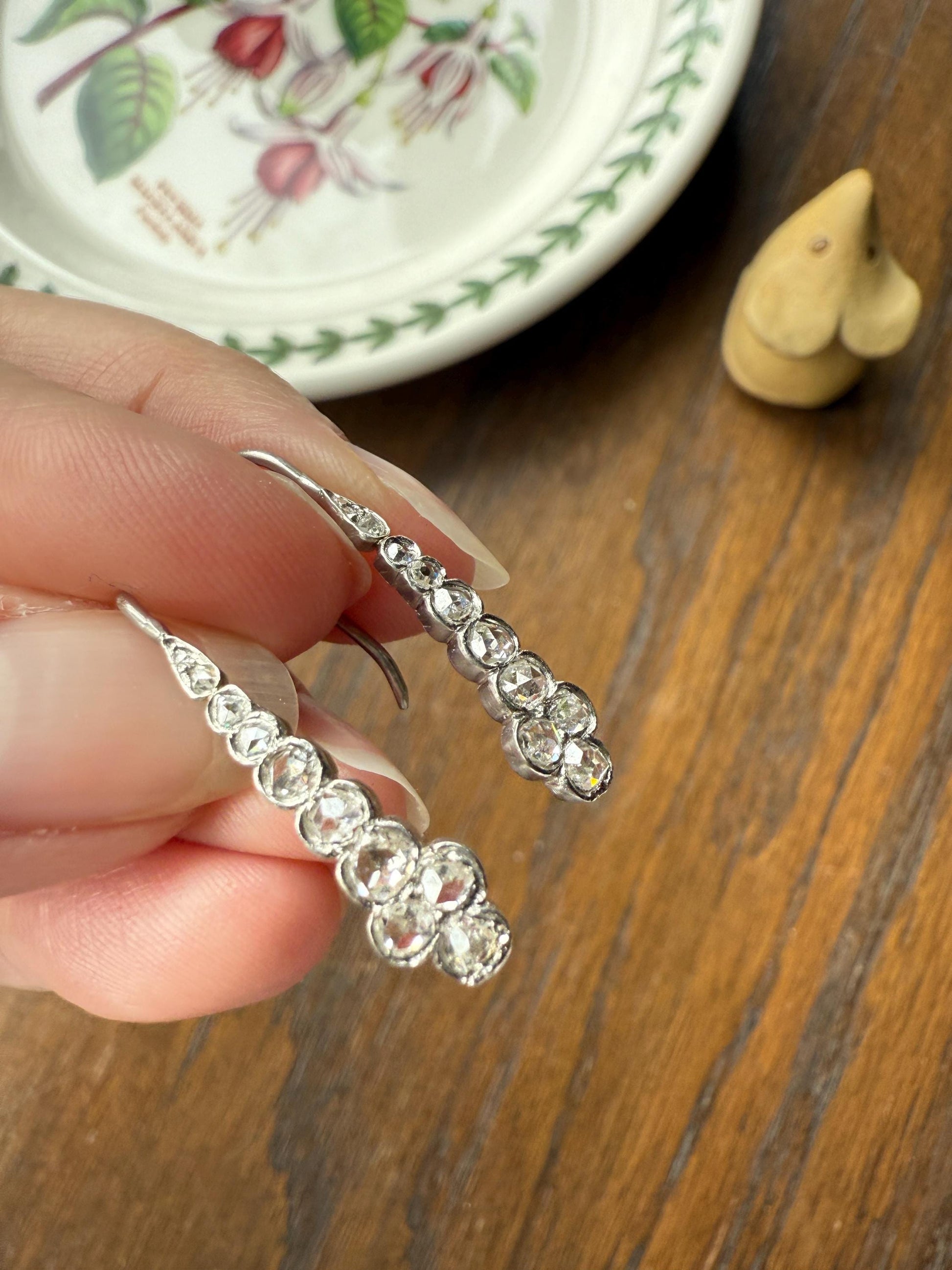 Beautiful Antique Platinum Linear Rose Cut Diamond Earrings Fixed Ear Wires Dangle Drop Clusters