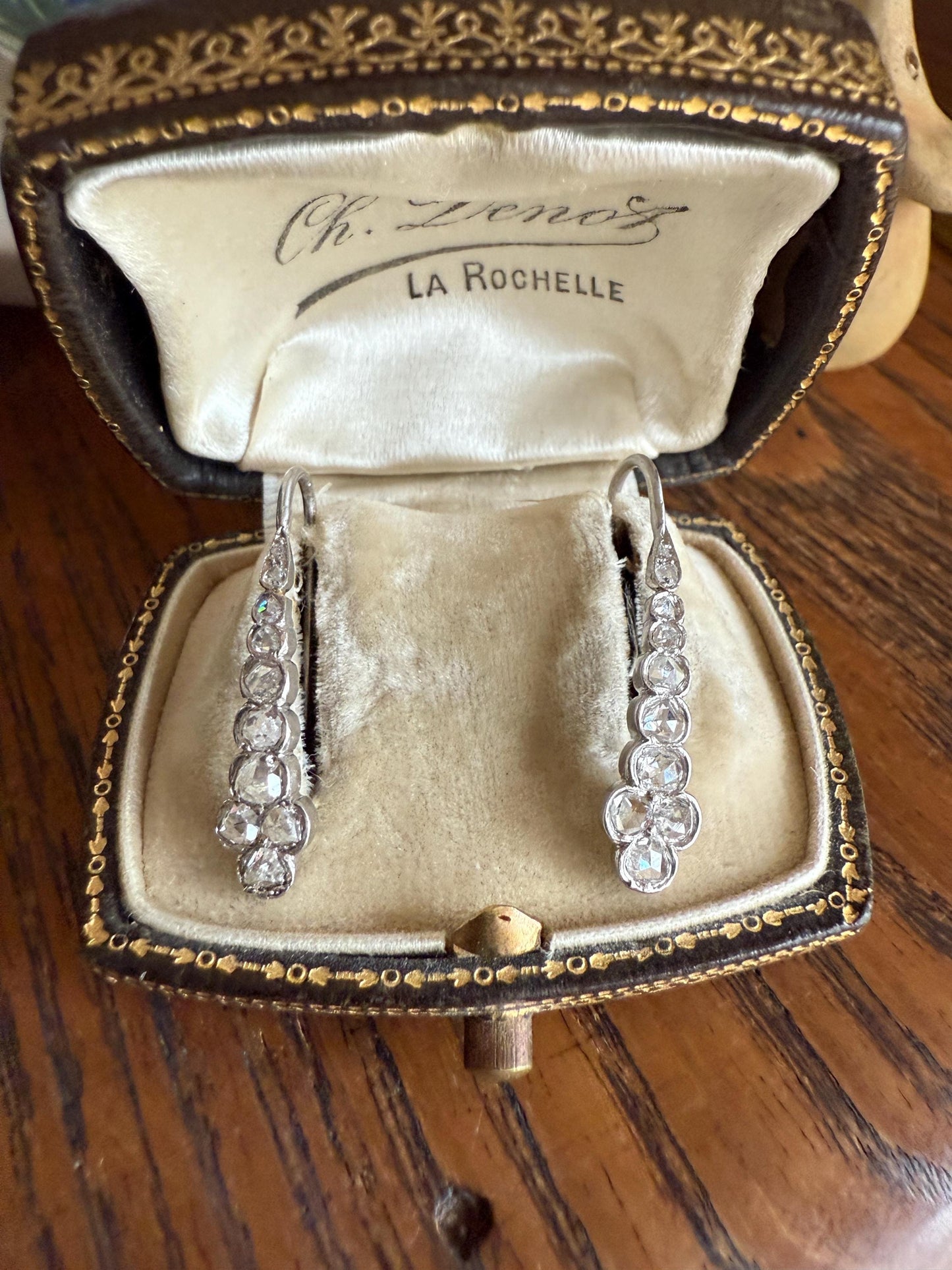 Beautiful Antique Platinum Linear Rose Cut Diamond Earrings Fixed Ear Wires Dangle Drop Clusters