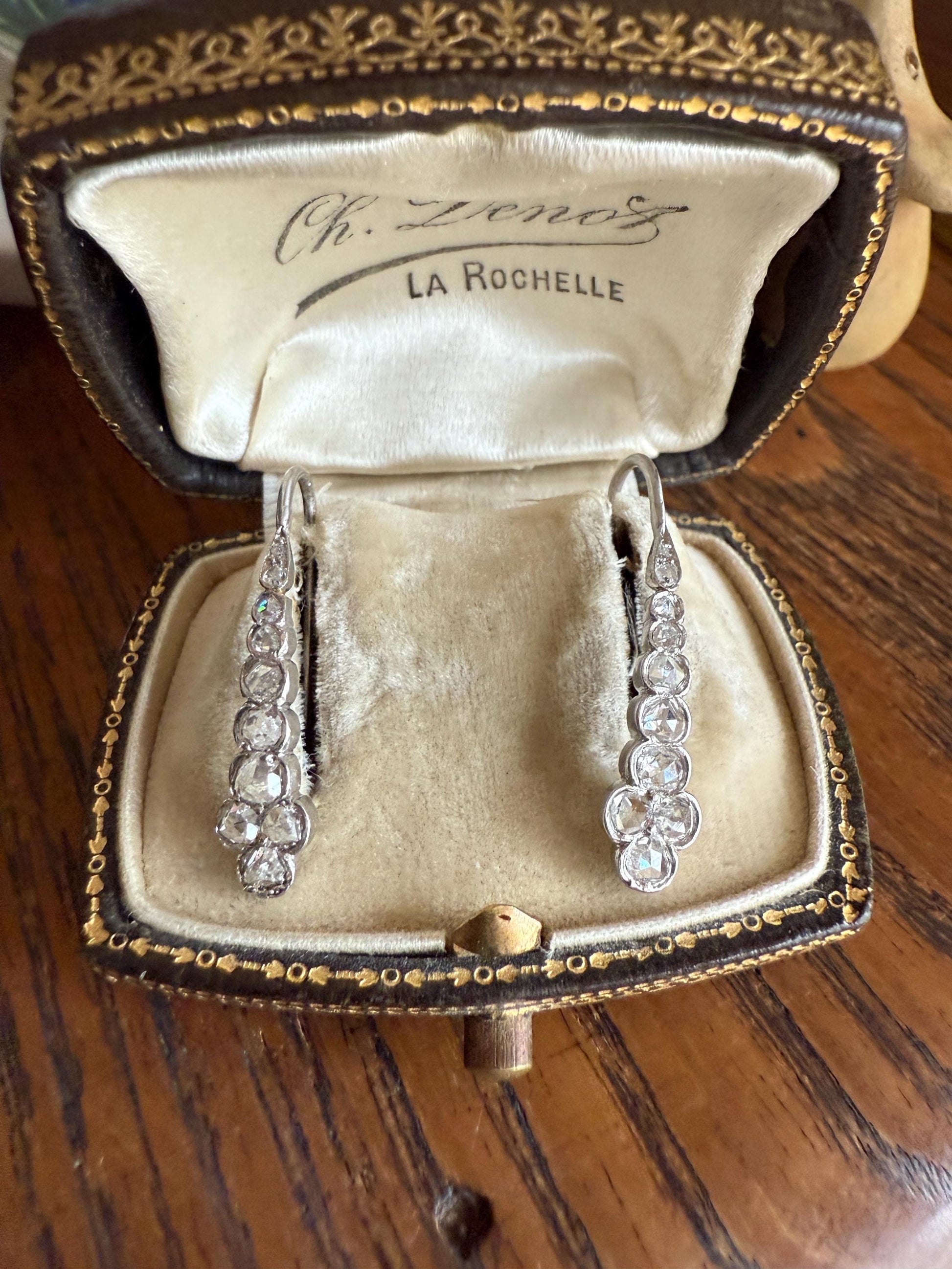 Beautiful Antique Platinum Linear Rose Cut Diamond Earrings Fixed Ear Wires Dangle Drop Clusters