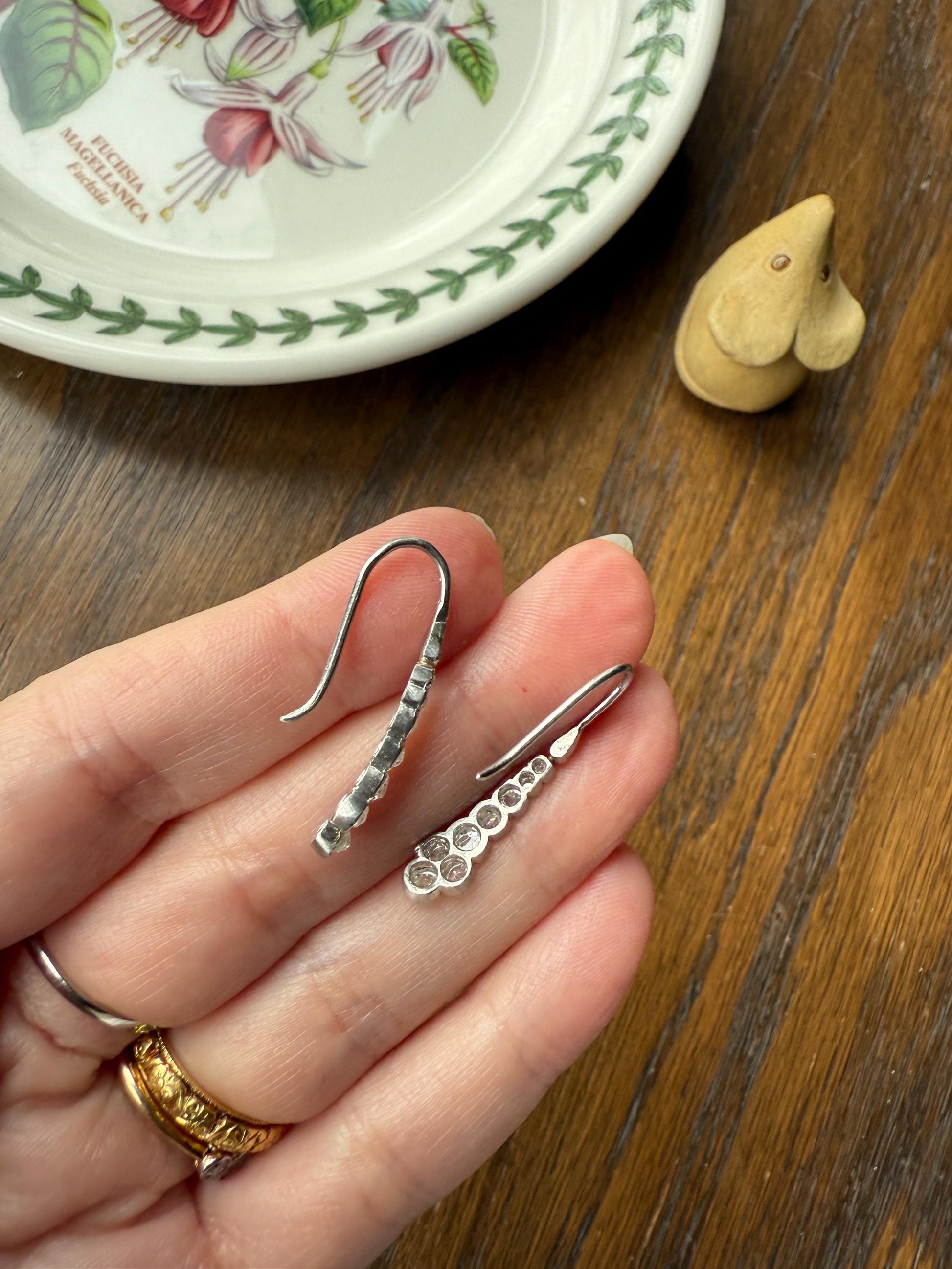 Beautiful Antique Platinum Linear Rose Cut Diamond Earrings Fixed Ear Wires Dangle Drop Clusters