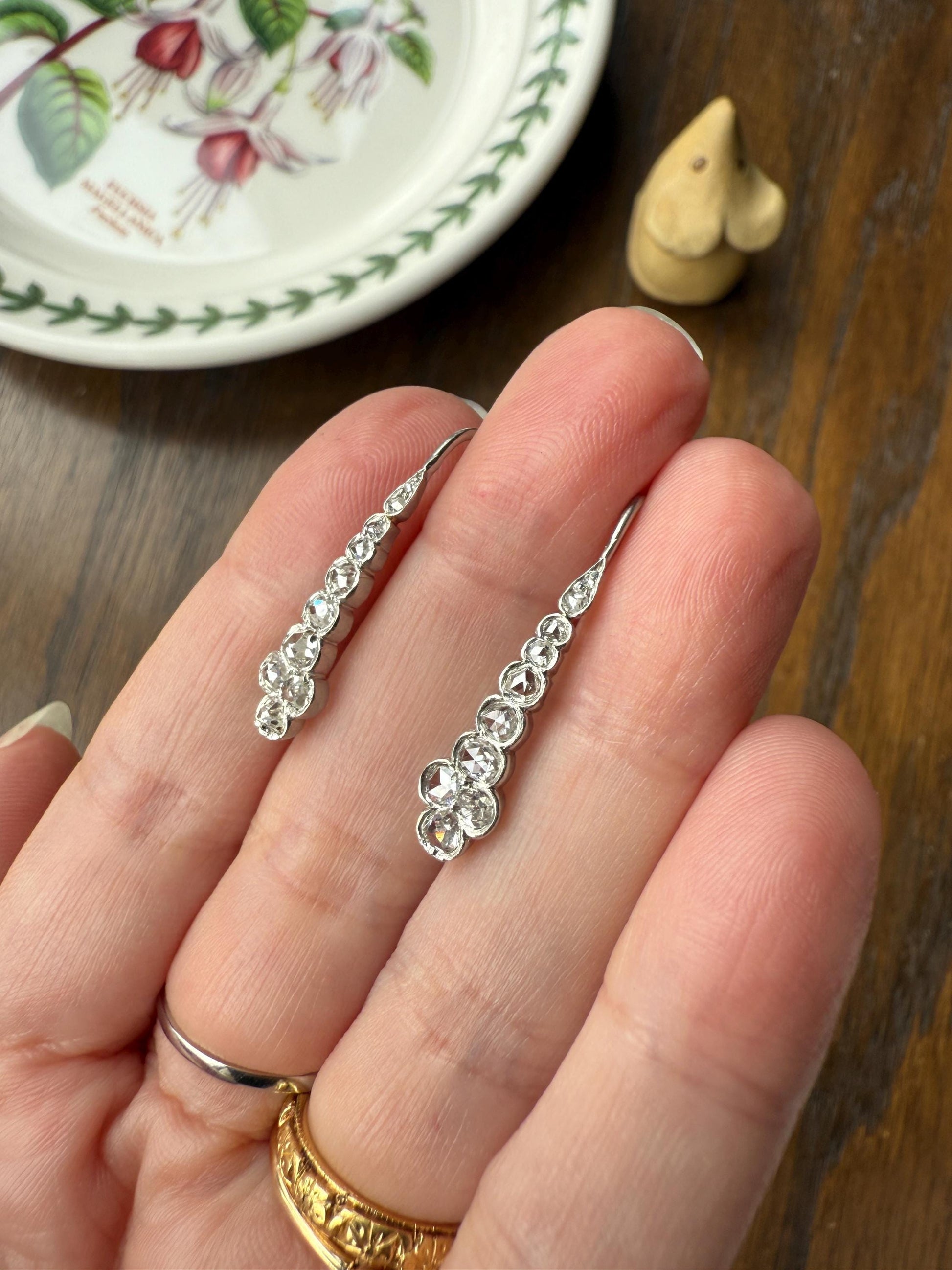 Beautiful Antique Platinum Linear Rose Cut Diamond Earrings Fixed Ear Wires Dangle Drop Clusters