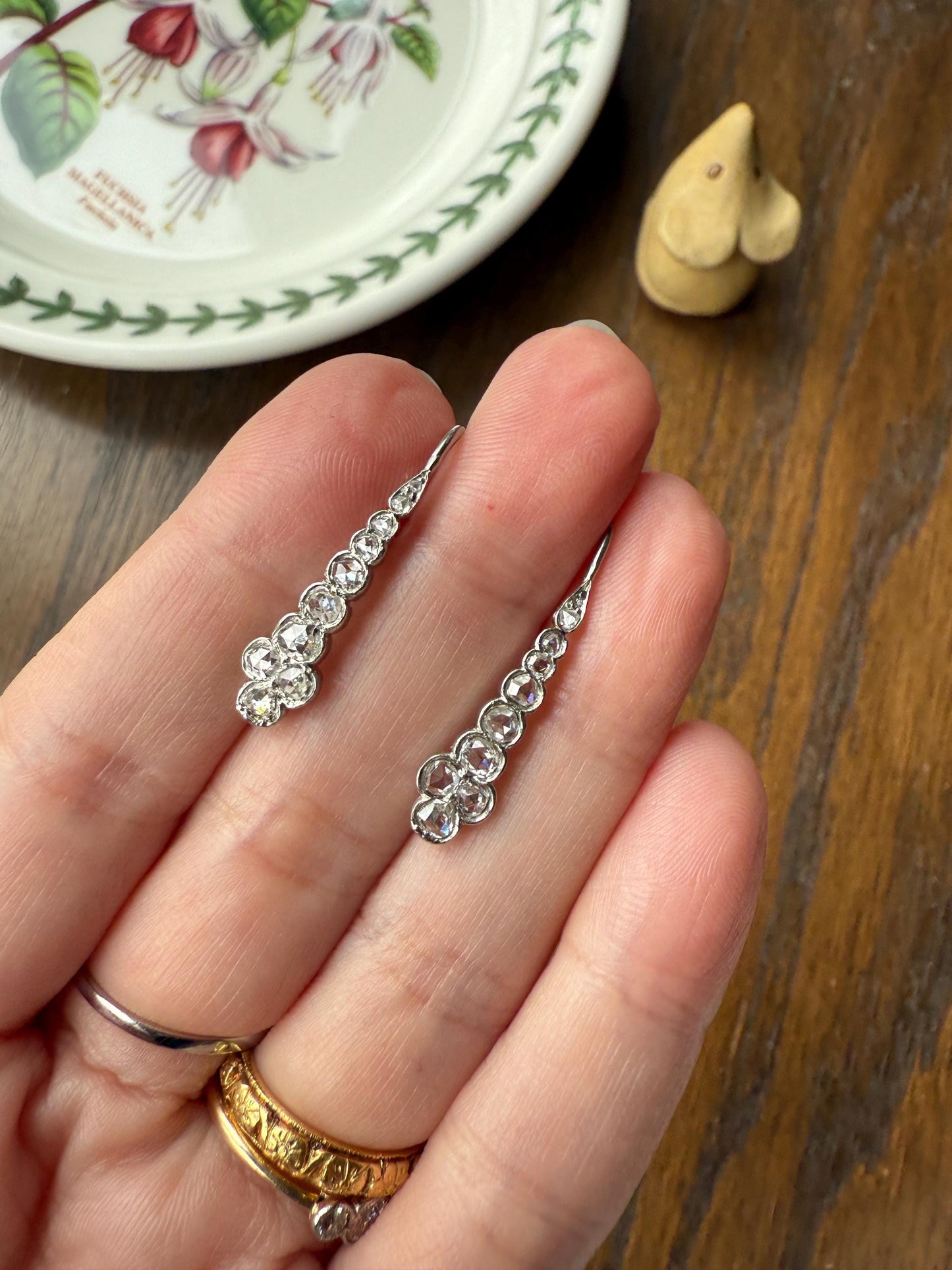 Beautiful Antique Platinum Linear Rose Cut Diamond Earrings Fixed Ear Wires Dangle Drop Clusters