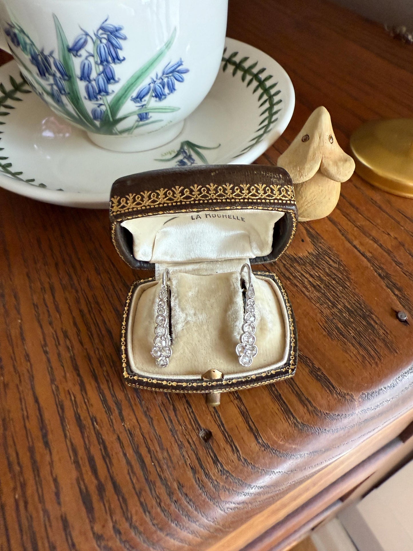 Beautiful Antique Platinum Linear Rose Cut Diamond Earrings Fixed Ear Wires Dangle Drop Clusters