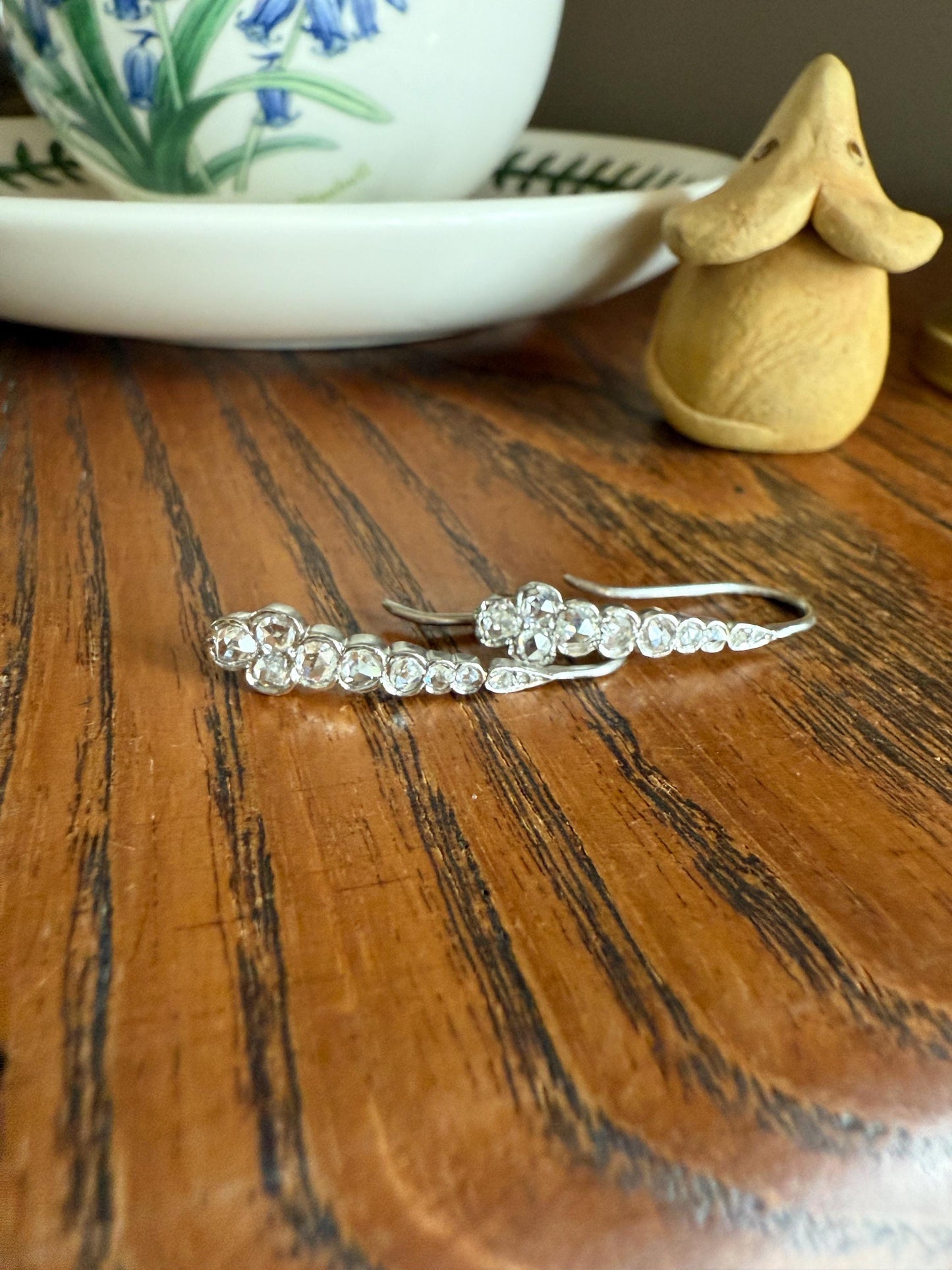 Beautiful Antique Platinum Linear Rose Cut Diamond Earrings Fixed Ear Wires Dangle Drop Clusters