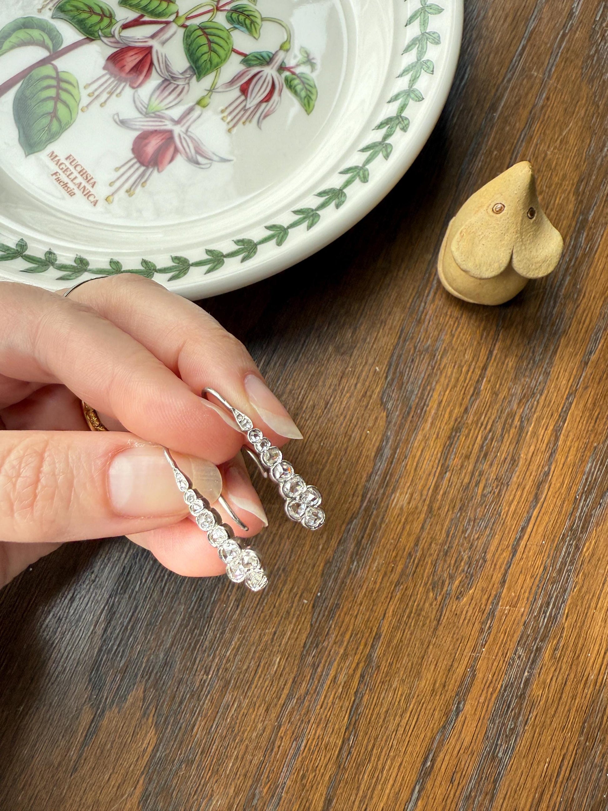 Beautiful Antique Platinum Linear Rose Cut Diamond Earrings Fixed Ear Wires Dangle Drop Clusters