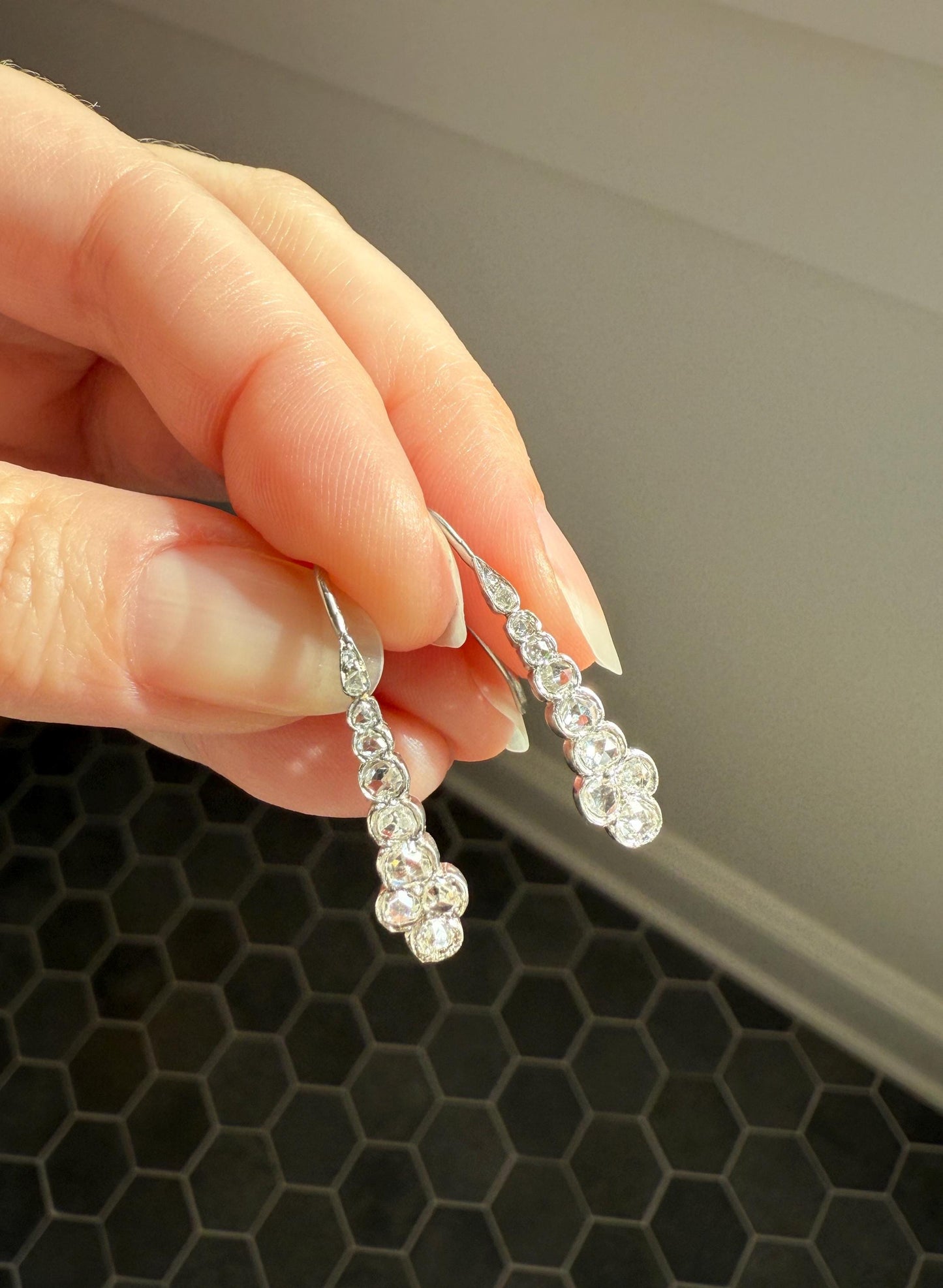 Beautiful Antique Platinum Linear Rose Cut Diamond Earrings Fixed Ear Wires Dangle Drop Clusters