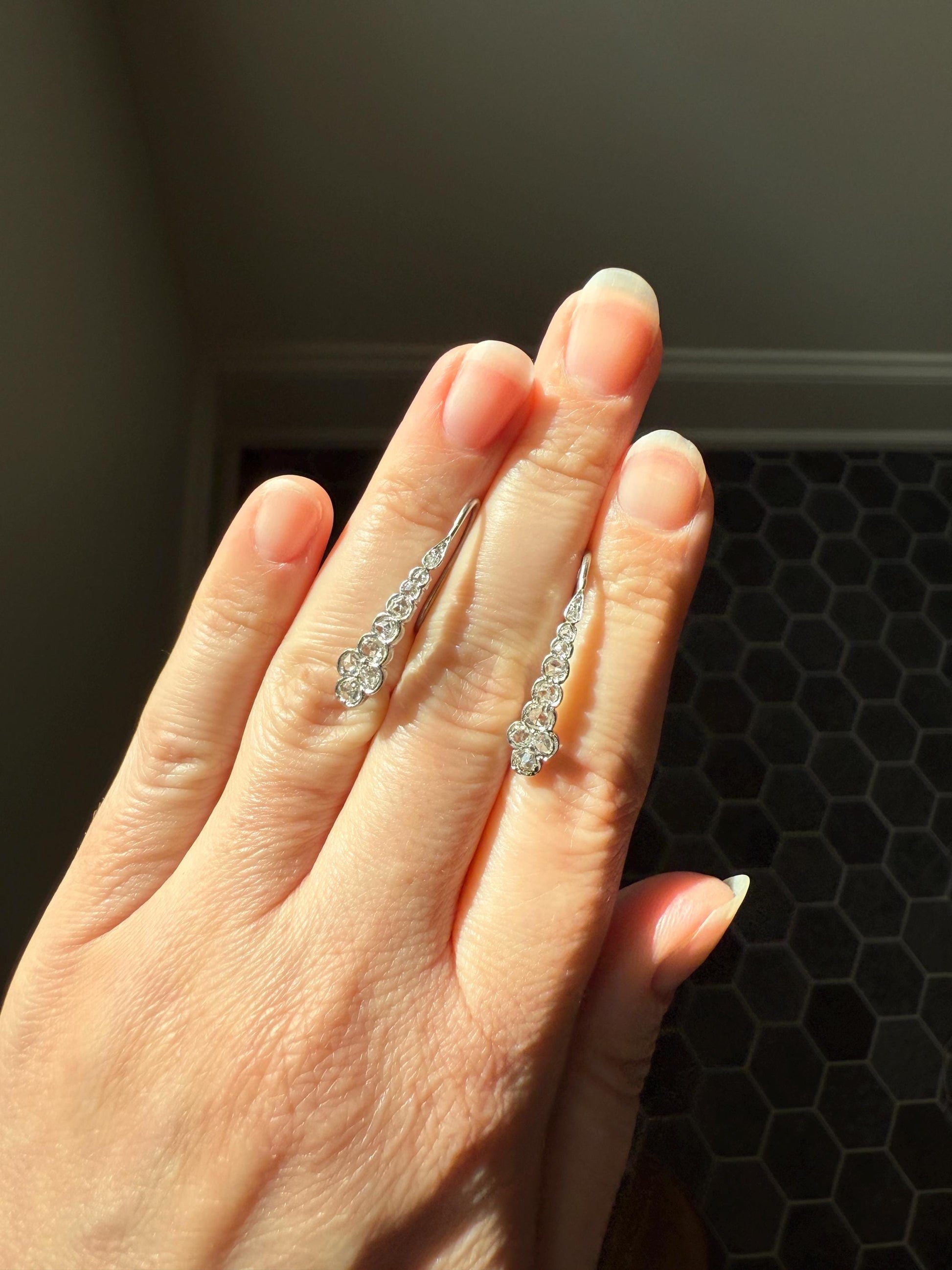 Beautiful Antique Platinum Linear Rose Cut Diamond Earrings Fixed Ear Wires Dangle Drop Clusters