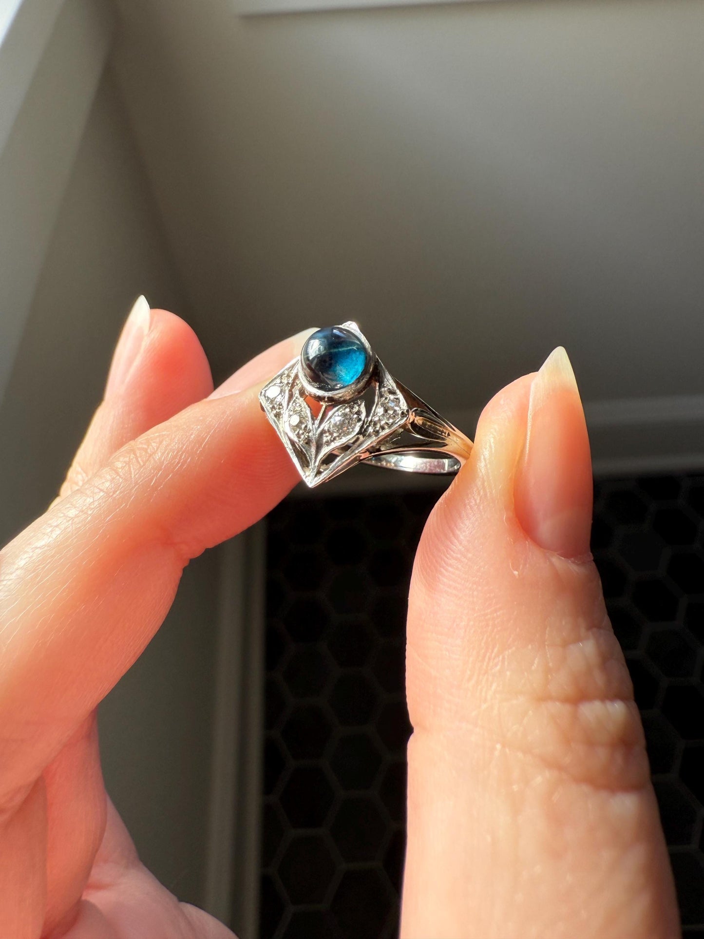 Antique FLOWER Glowing Blue Natural Sapphire Old Mine Cut Diamond Panel Ring Art Deco Geometric 18k White Gold