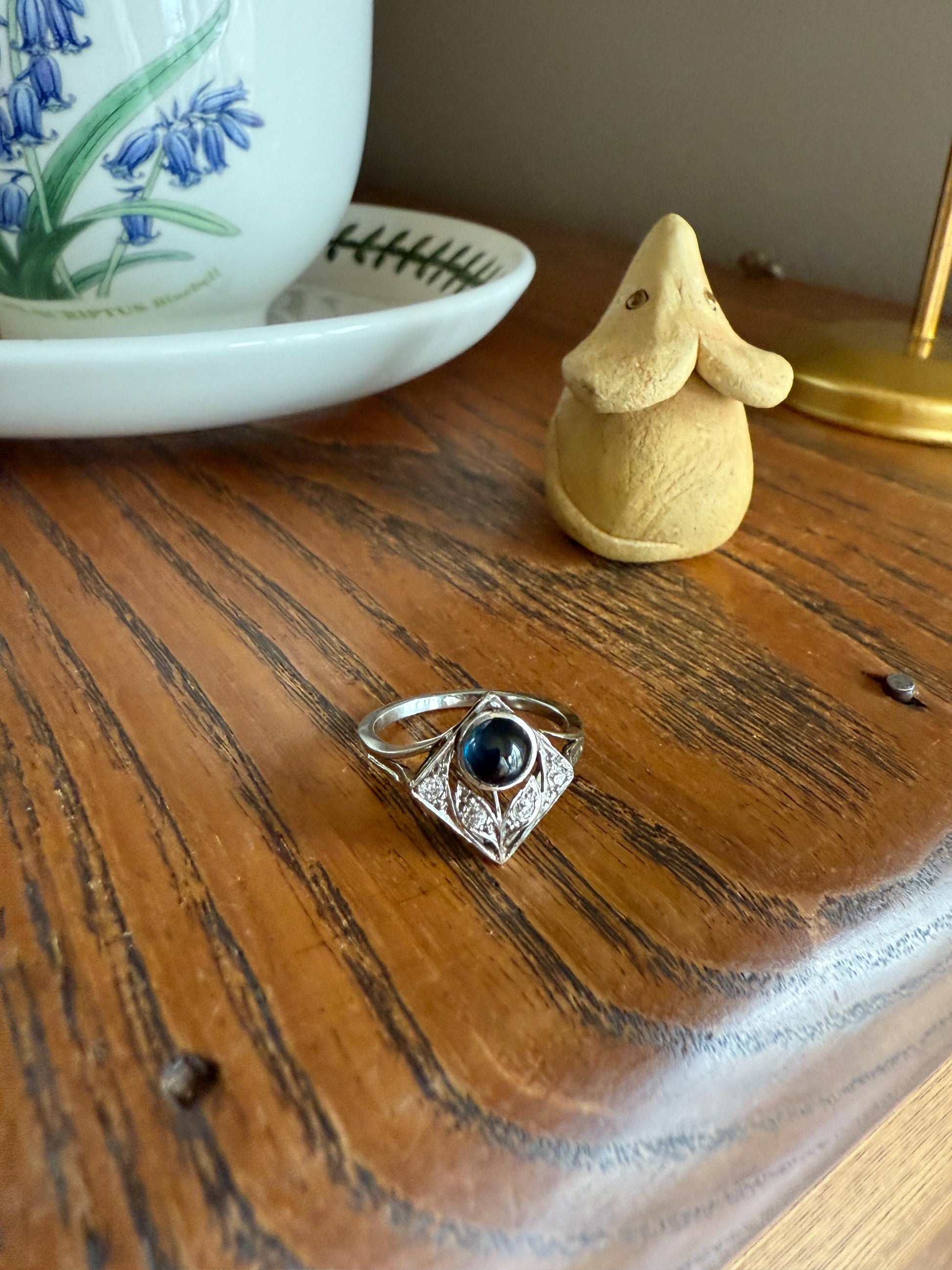 Antique FLOWER Glowing Blue Natural Sapphire Old Mine Cut Diamond Panel Ring Art Deco Geometric 18k White Gold