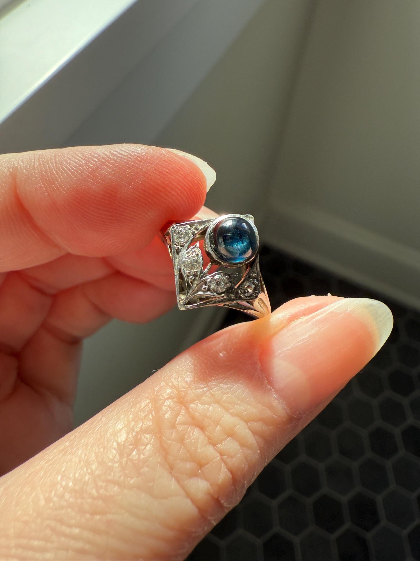 Antique FLOWER Glowing Blue Natural Sapphire Old Mine Cut Diamond Panel Ring Art Deco Geometric 18k White Gold