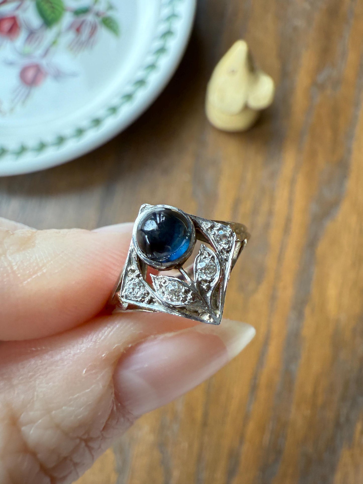 Antique FLOWER Glowing Blue Natural Sapphire Old Mine Cut Diamond Panel Ring Art Deco Geometric 18k White Gold
