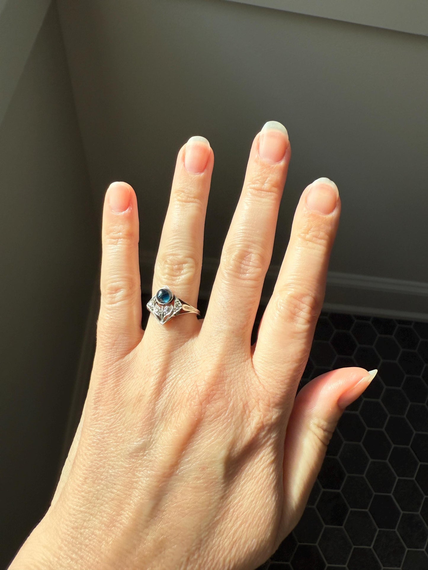 Antique FLOWER Glowing Blue Natural Sapphire Old Mine Cut Diamond Panel Ring Art Deco Geometric 18k White Gold