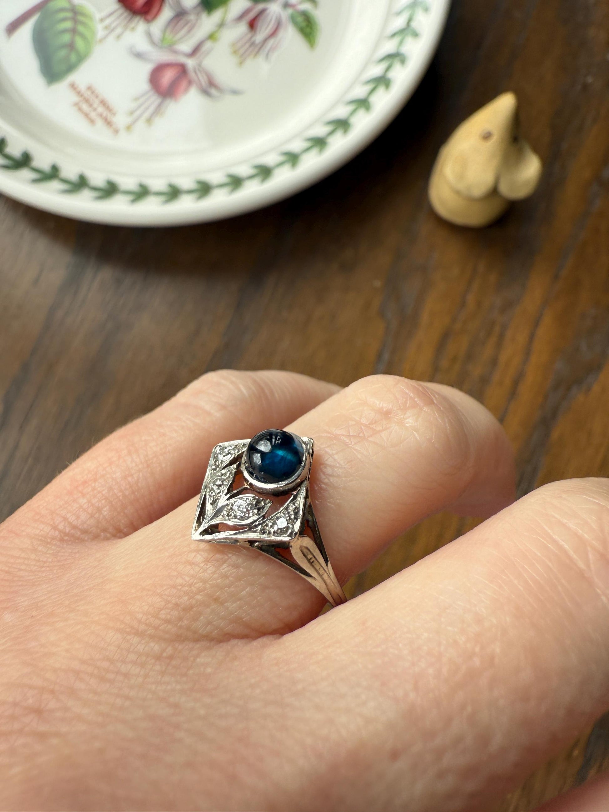 Antique FLOWER Glowing Blue Natural Sapphire Old Mine Cut Diamond Panel Ring Art Deco Geometric 18k White Gold