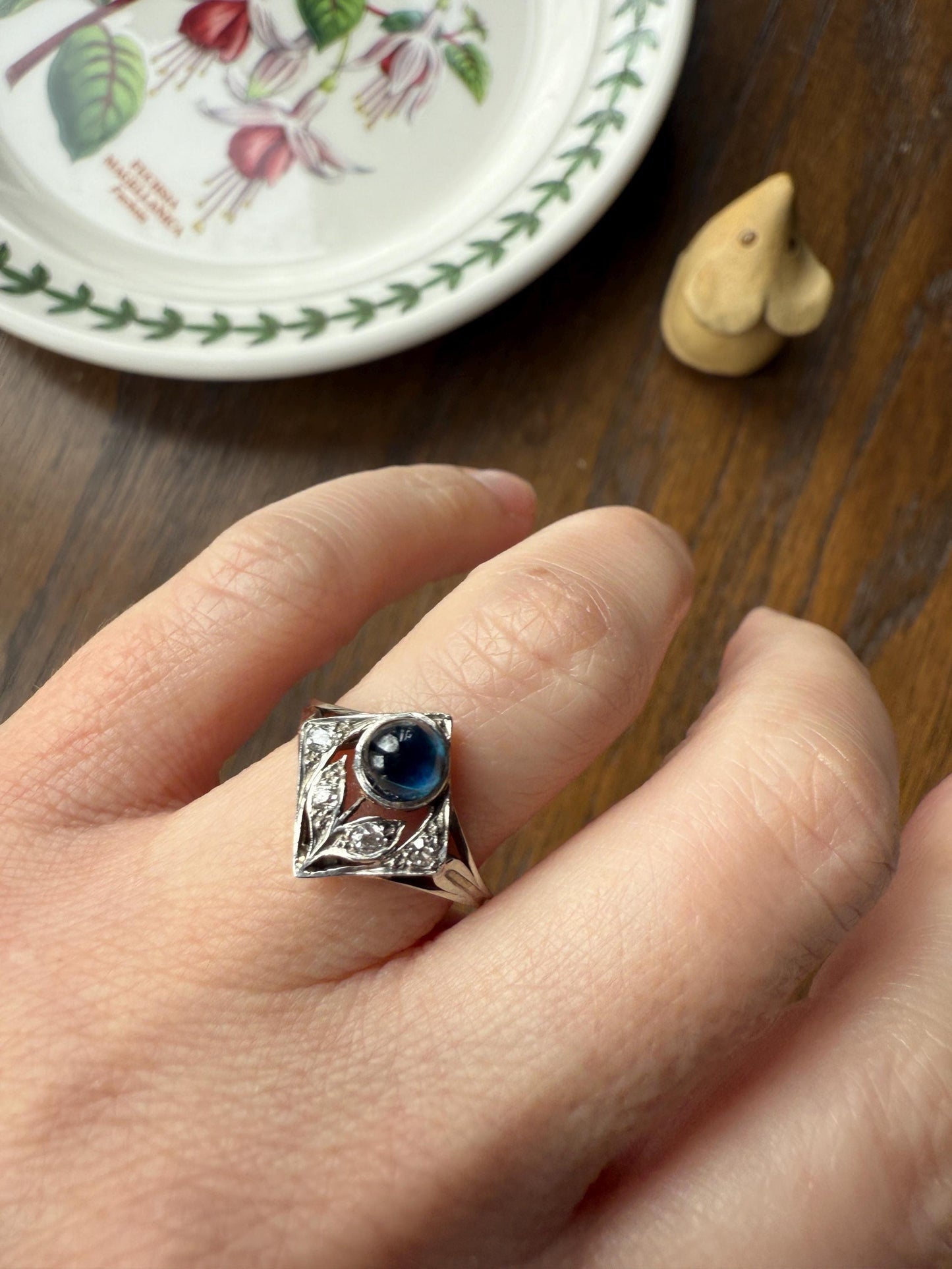 Antique FLOWER Glowing Blue Natural Sapphire Old Mine Cut Diamond Panel Ring Art Deco Geometric 18k White Gold