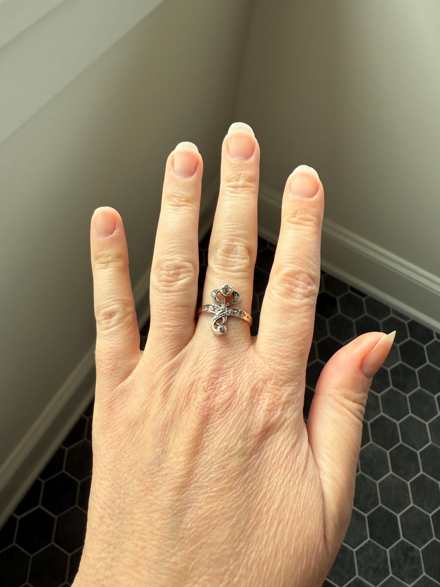 Antique Art Nouveau Jugendstil Old Mine Rose Cut Diamond Whiplash Swirl Stylized Flower Ring 14k Gold Silver Figural Ornate