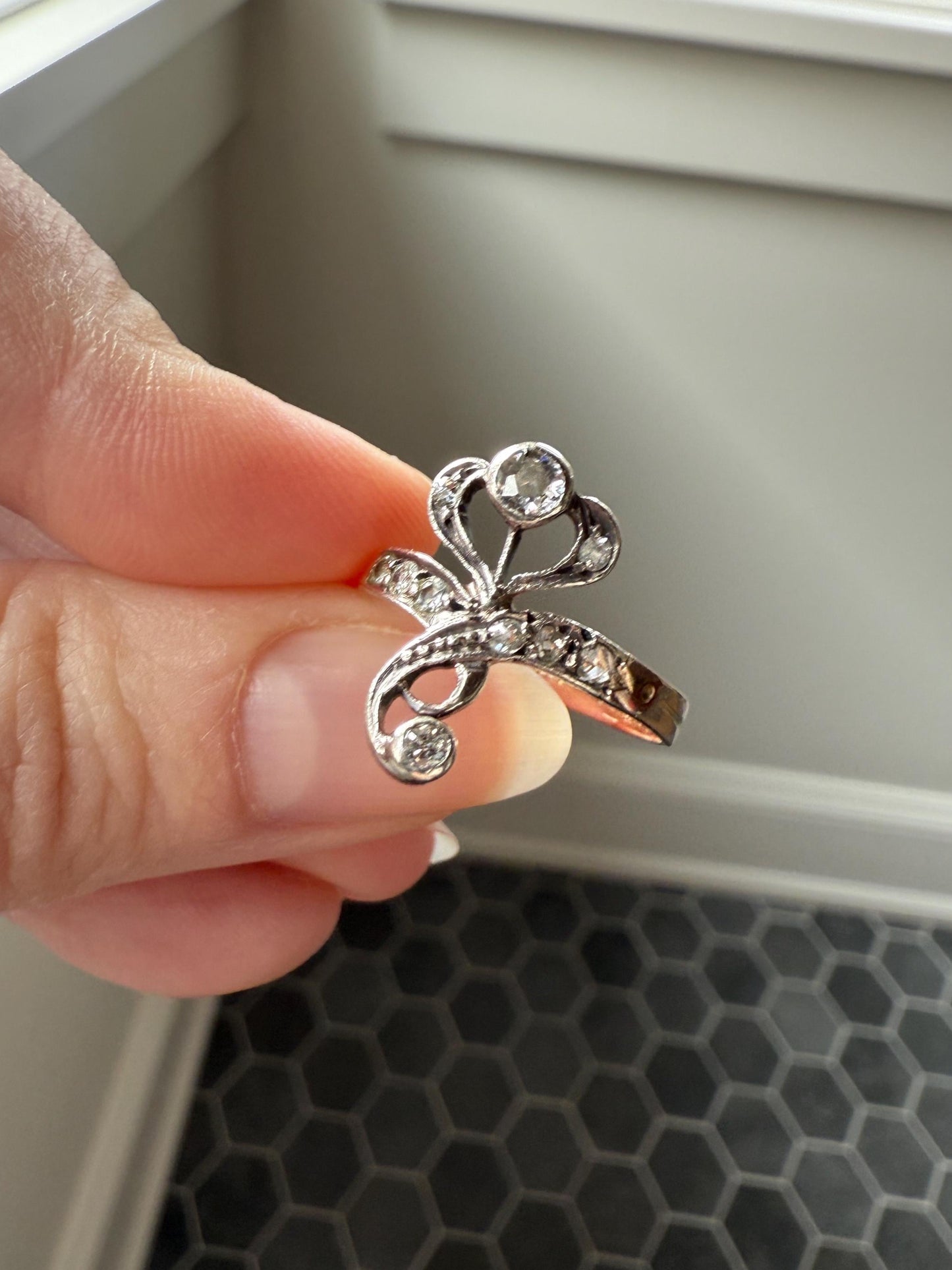 Antique Art Nouveau Jugendstil Old Mine Rose Cut Diamond Whiplash Swirl Stylized Flower Ring 14k Gold Silver Figural Ornate