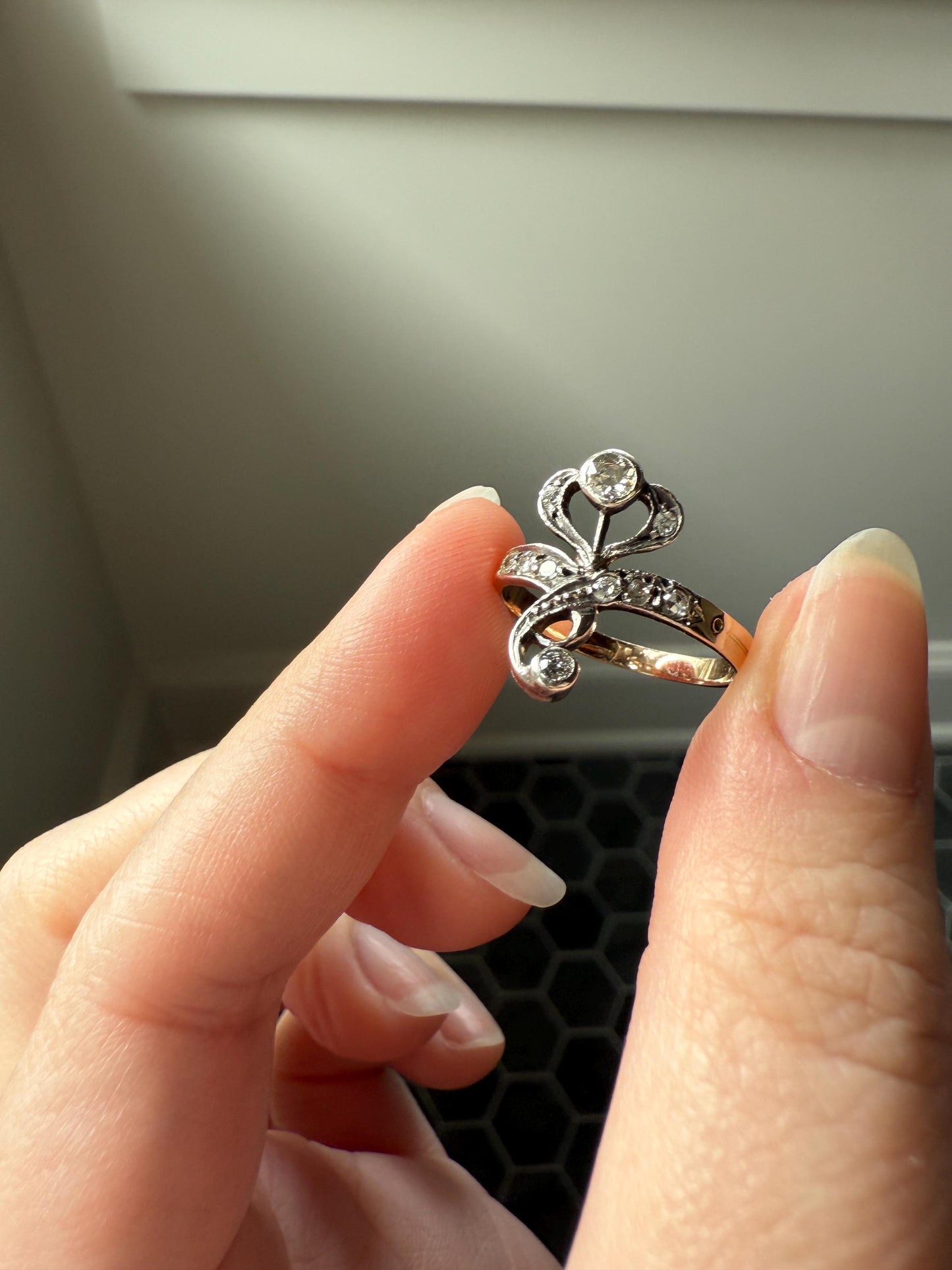 Antique Art Nouveau Jugendstil Old Mine Rose Cut Diamond Whiplash Swirl Stylized Flower Ring 14k Gold Silver Figural Ornate