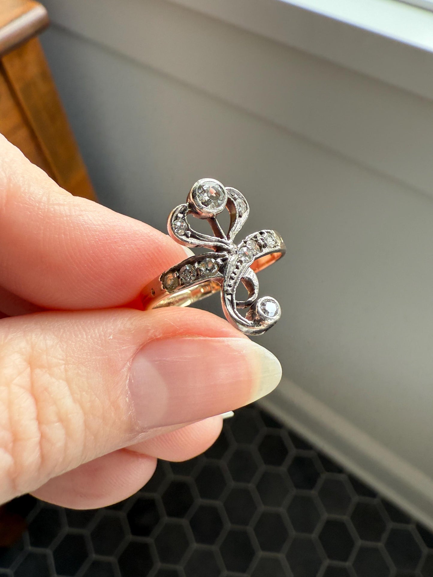 Antique Art Nouveau Jugendstil Old Mine Rose Cut Diamond Whiplash Swirl Stylized Flower Ring 14k Gold Silver Figural Ornate