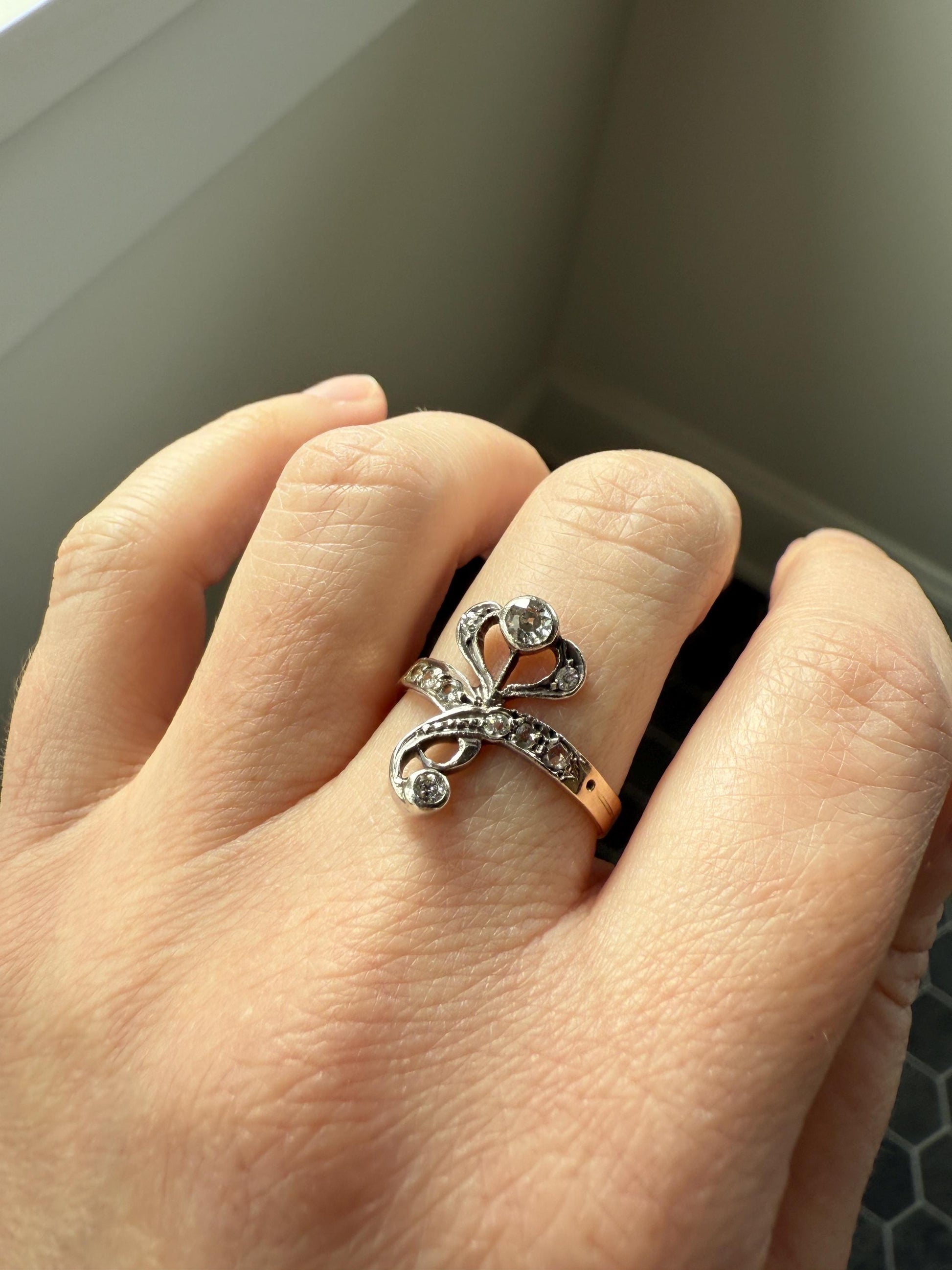 Antique Art Nouveau Jugendstil Old Mine Rose Cut Diamond Whiplash Swirl Stylized Flower Ring 14k Gold Silver Figural Ornate