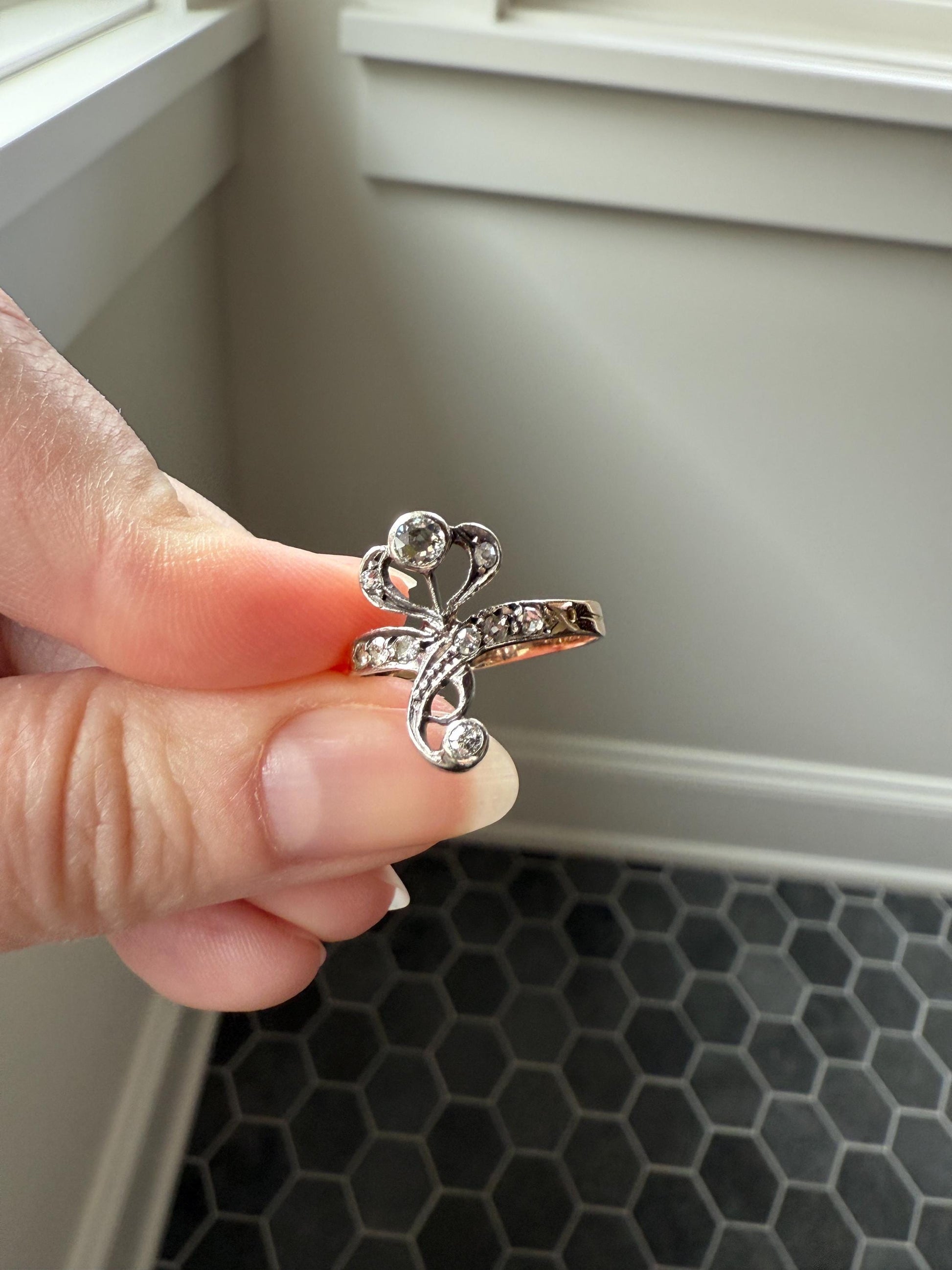 Antique Art Nouveau Jugendstil Old Mine Rose Cut Diamond Whiplash Swirl Stylized Flower Ring 14k Gold Silver Figural Ornate